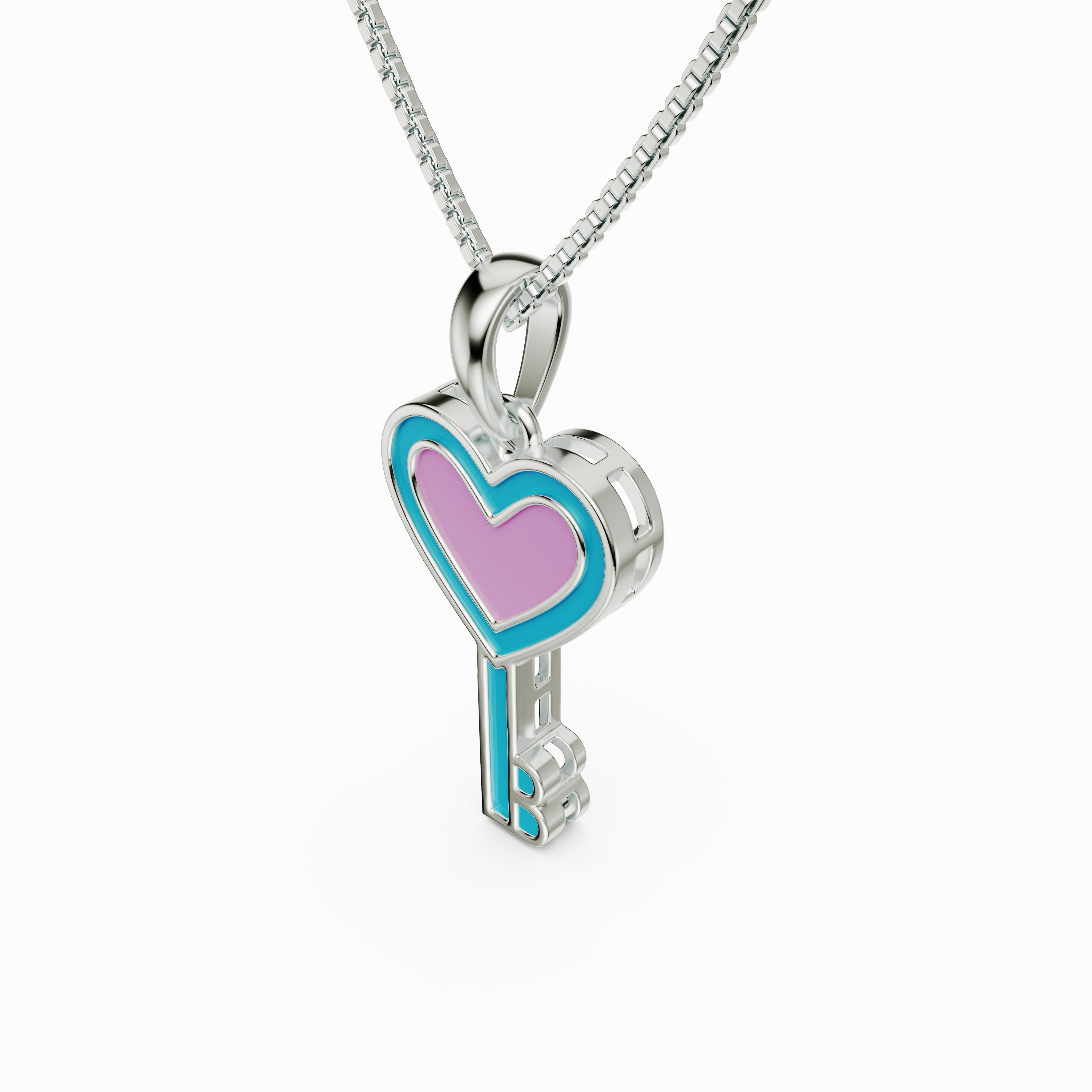 Whimsical Pink and Blue Enamel Heart Key Necklace in 925 Silver