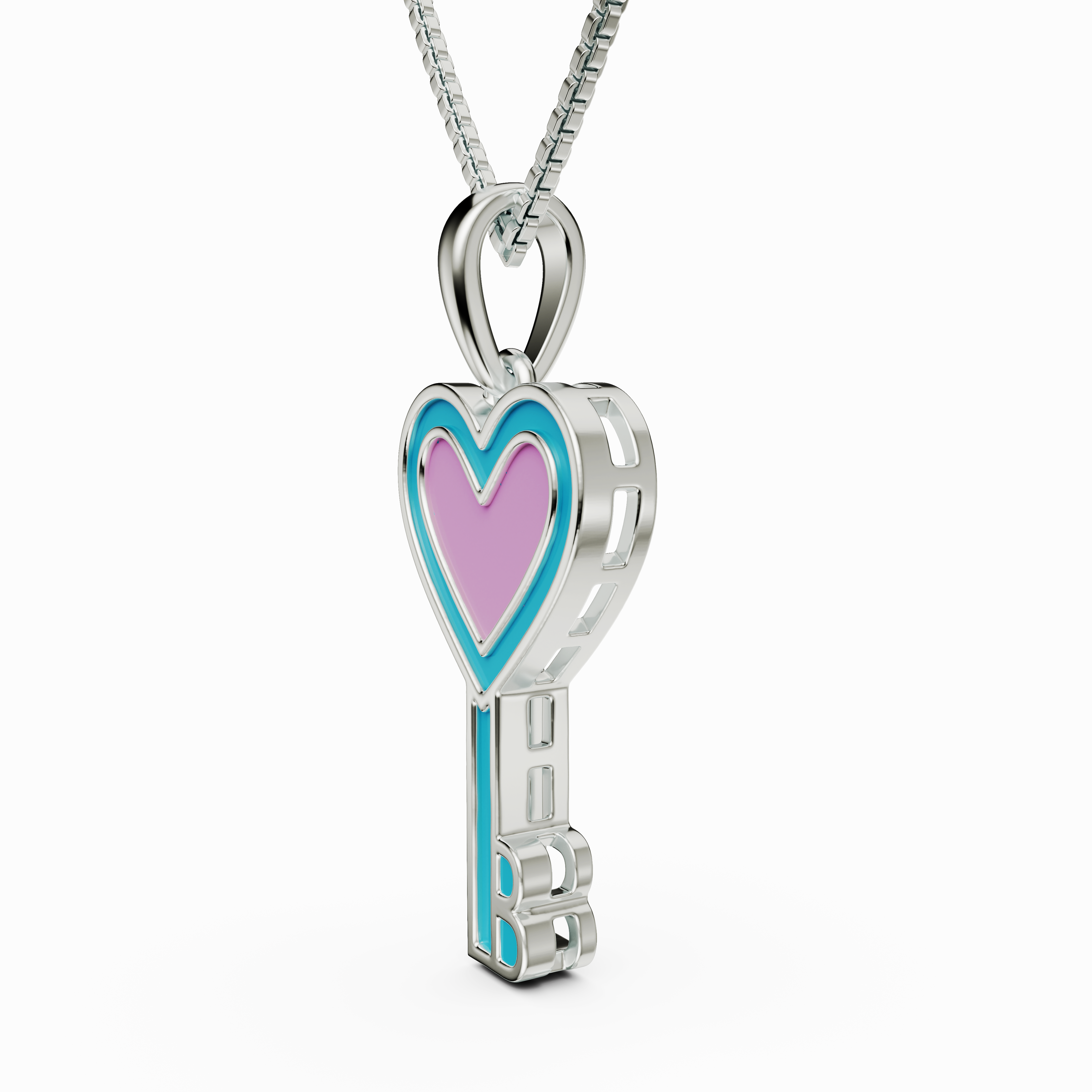Whimsical Pink and Blue Enamel Heart Key Necklace in 925 Silver