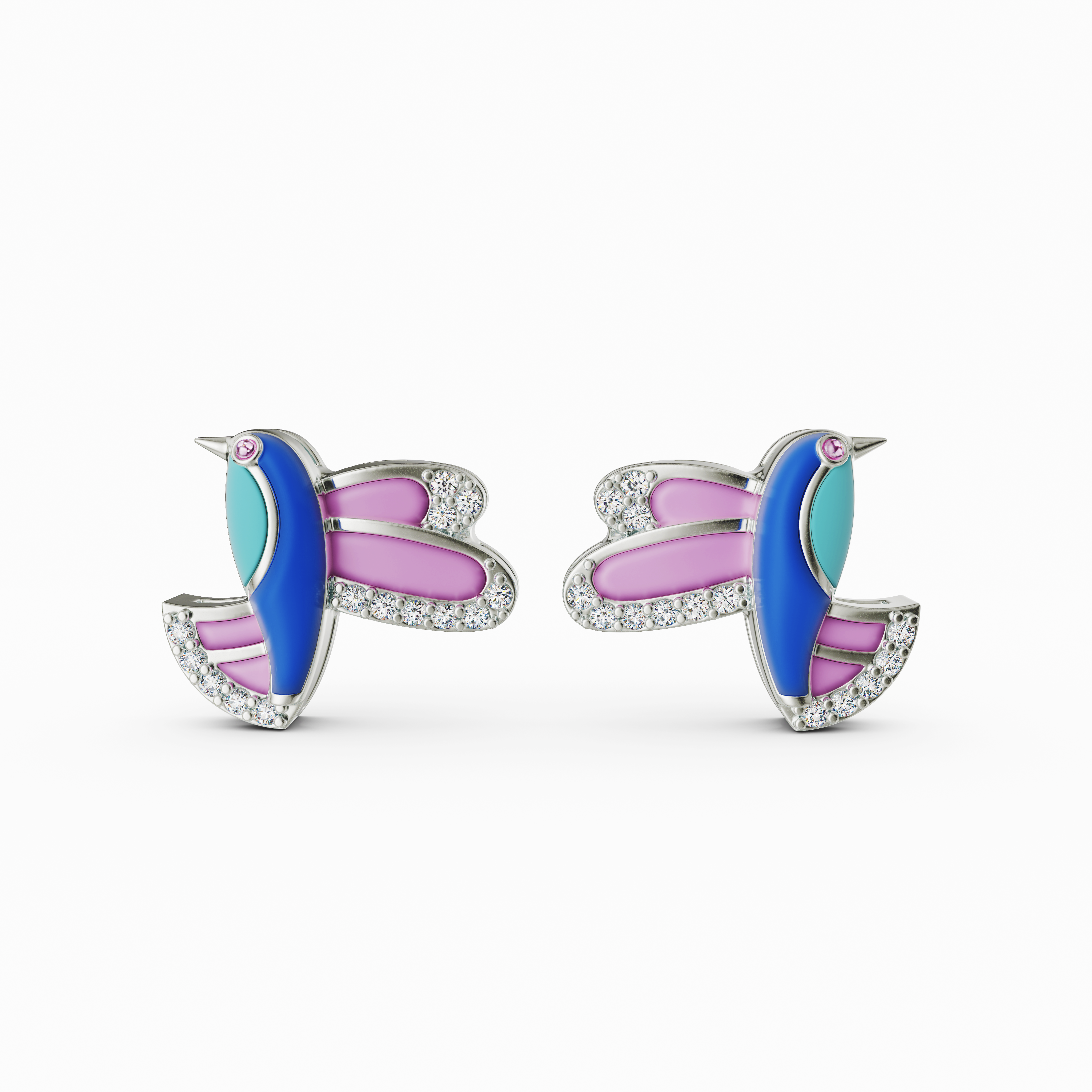 925 Sterling Silver CZ Hummingbird earring - Pink & Blue Enamel