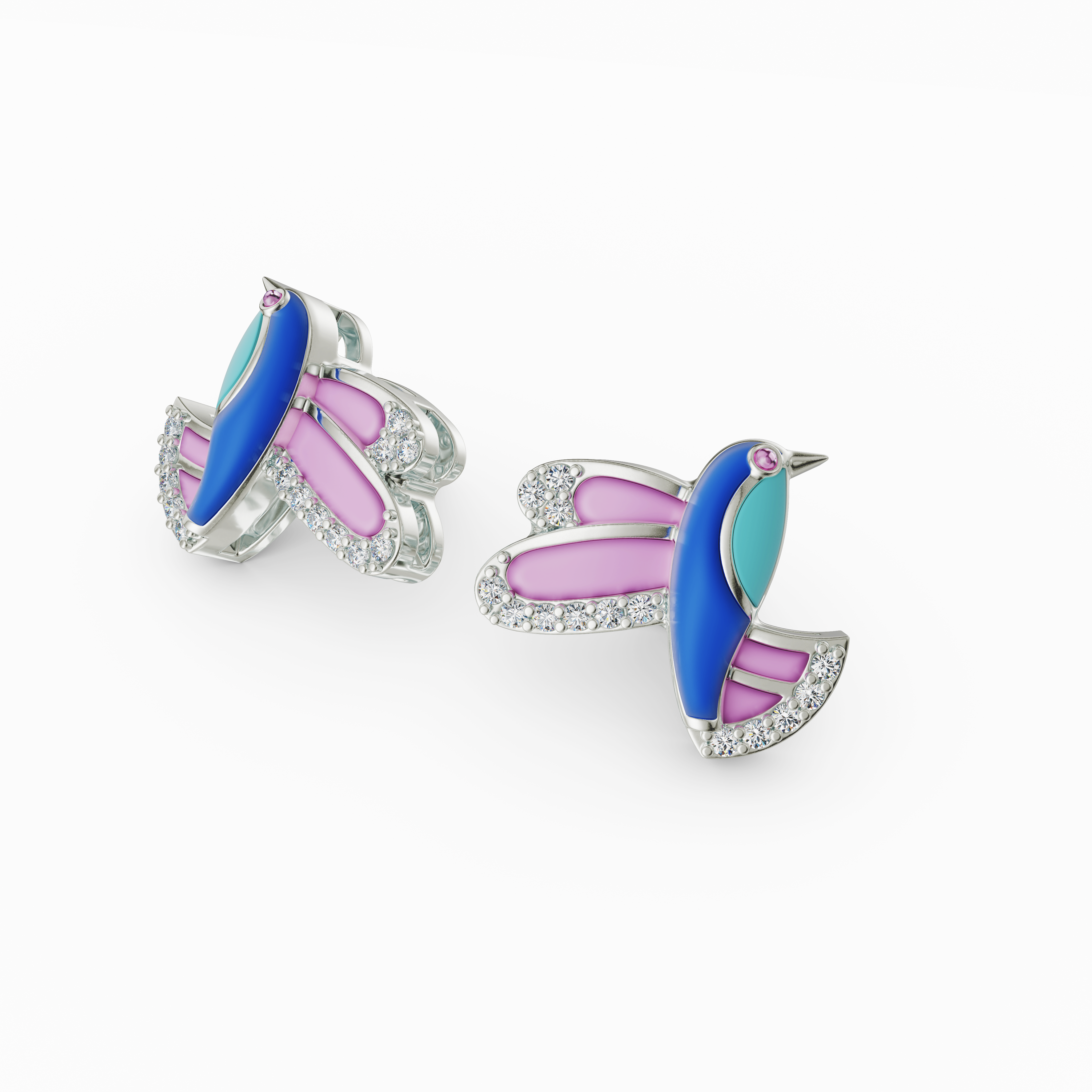 925 Sterling Silver CZ Hummingbird earring - Pink & Blue Enamel