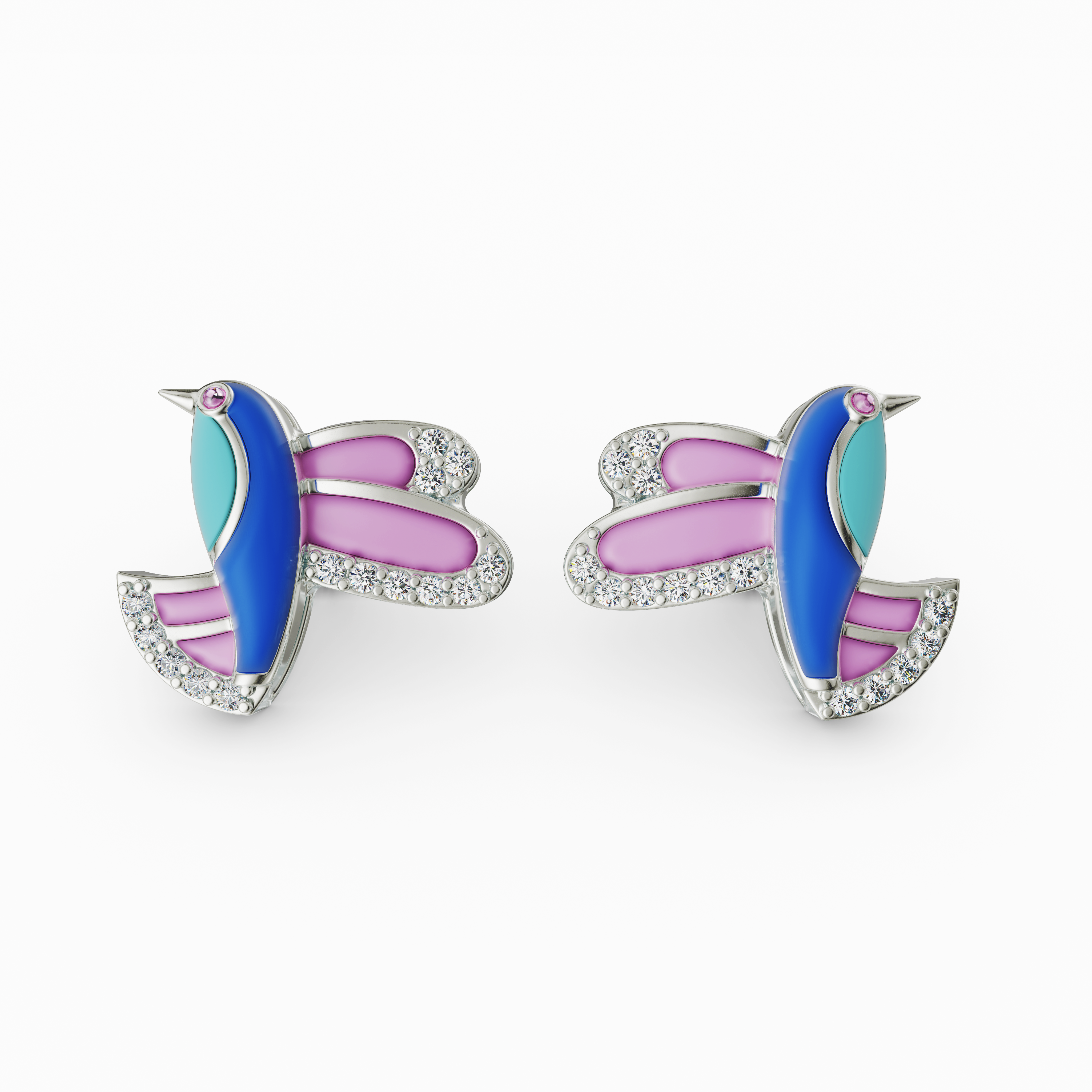 925 Sterling Silver CZ Hummingbird earring - Pink & Blue Enamel