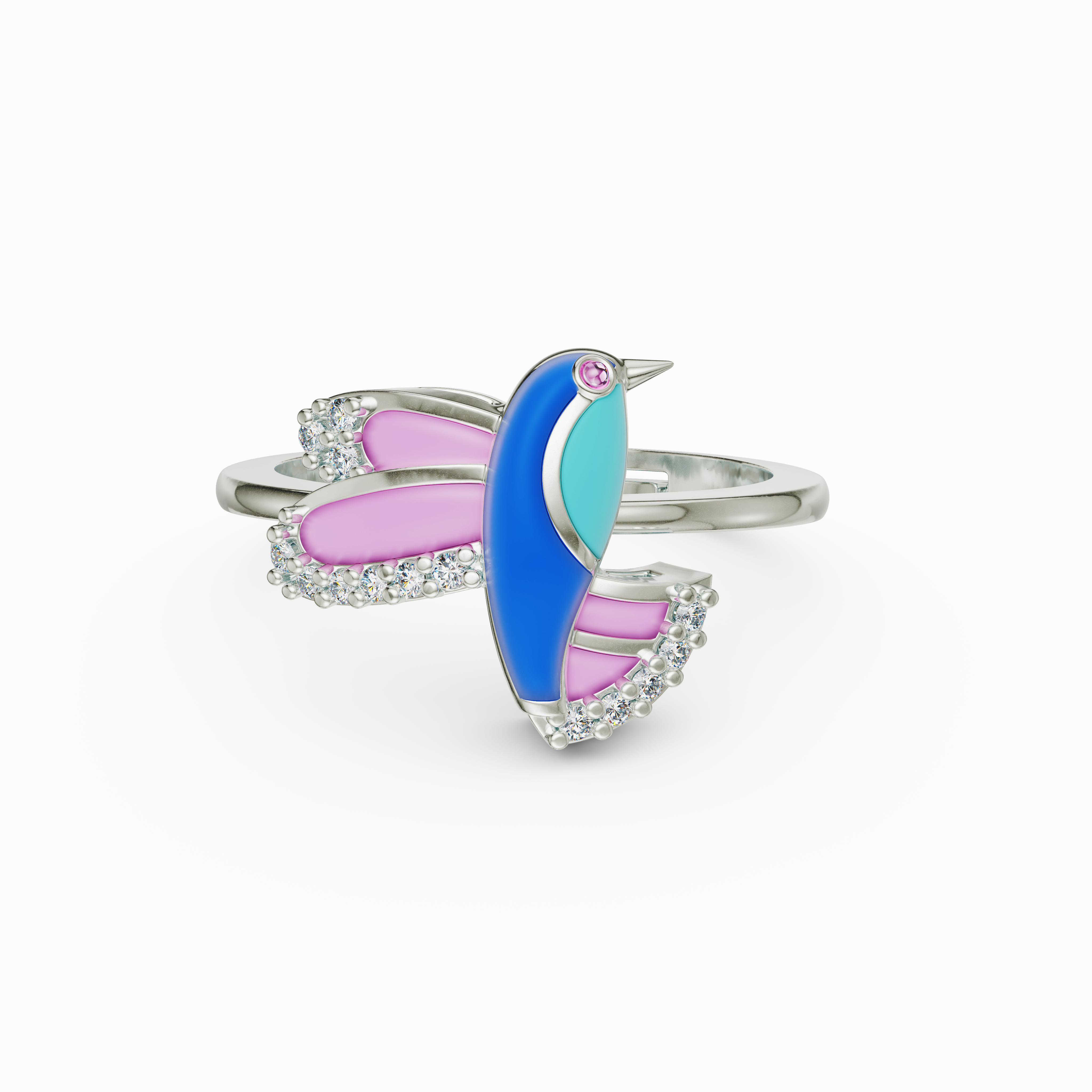 925 Sterling Silver CZ Hummingbird Ring Pink & Blue Enamel