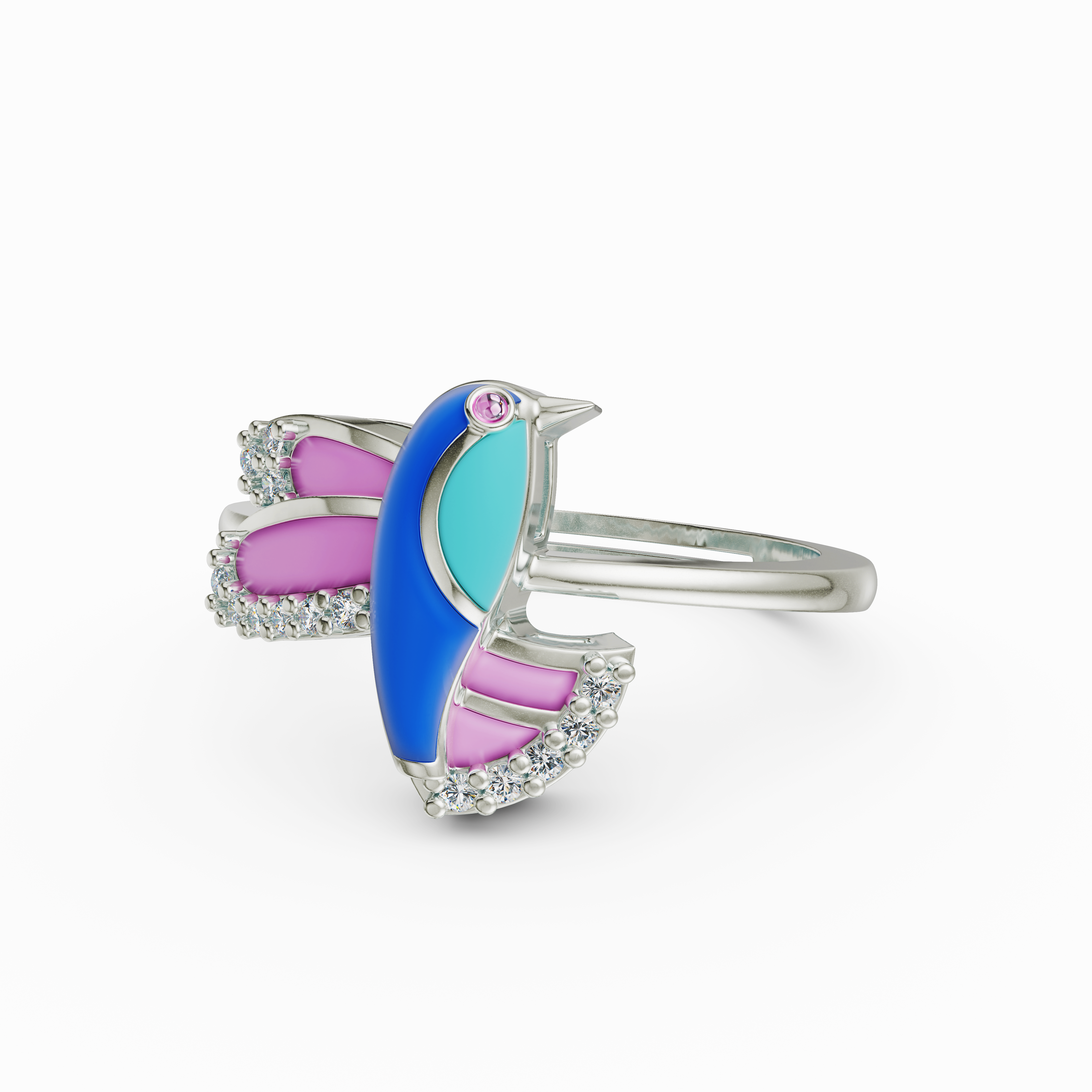 925 Sterling Silver CZ Hummingbird Ring Pink & Blue Enamel