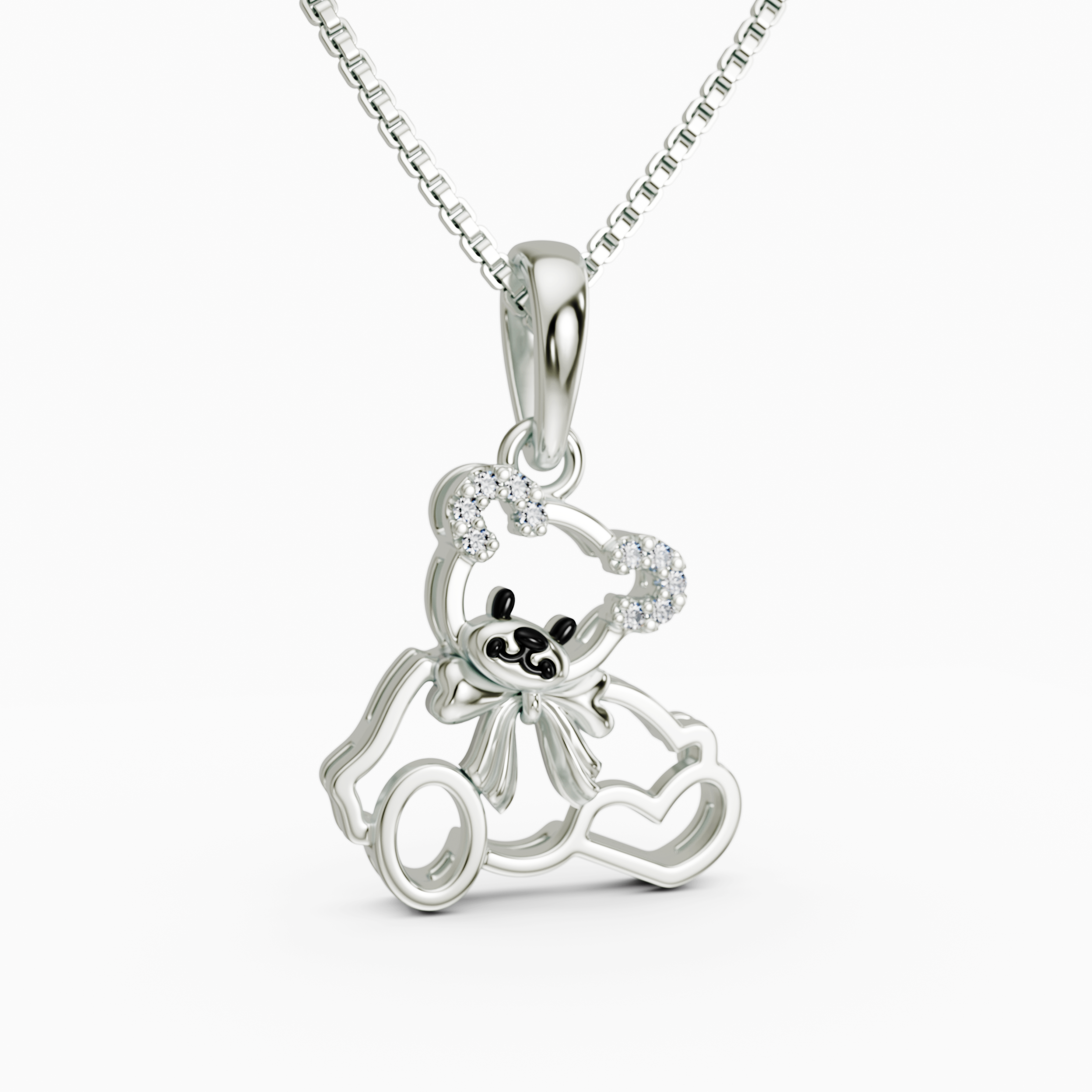 Elegant 925 Silver Open-Work Teddy Bear Necklace with CZ Accents & Hearts