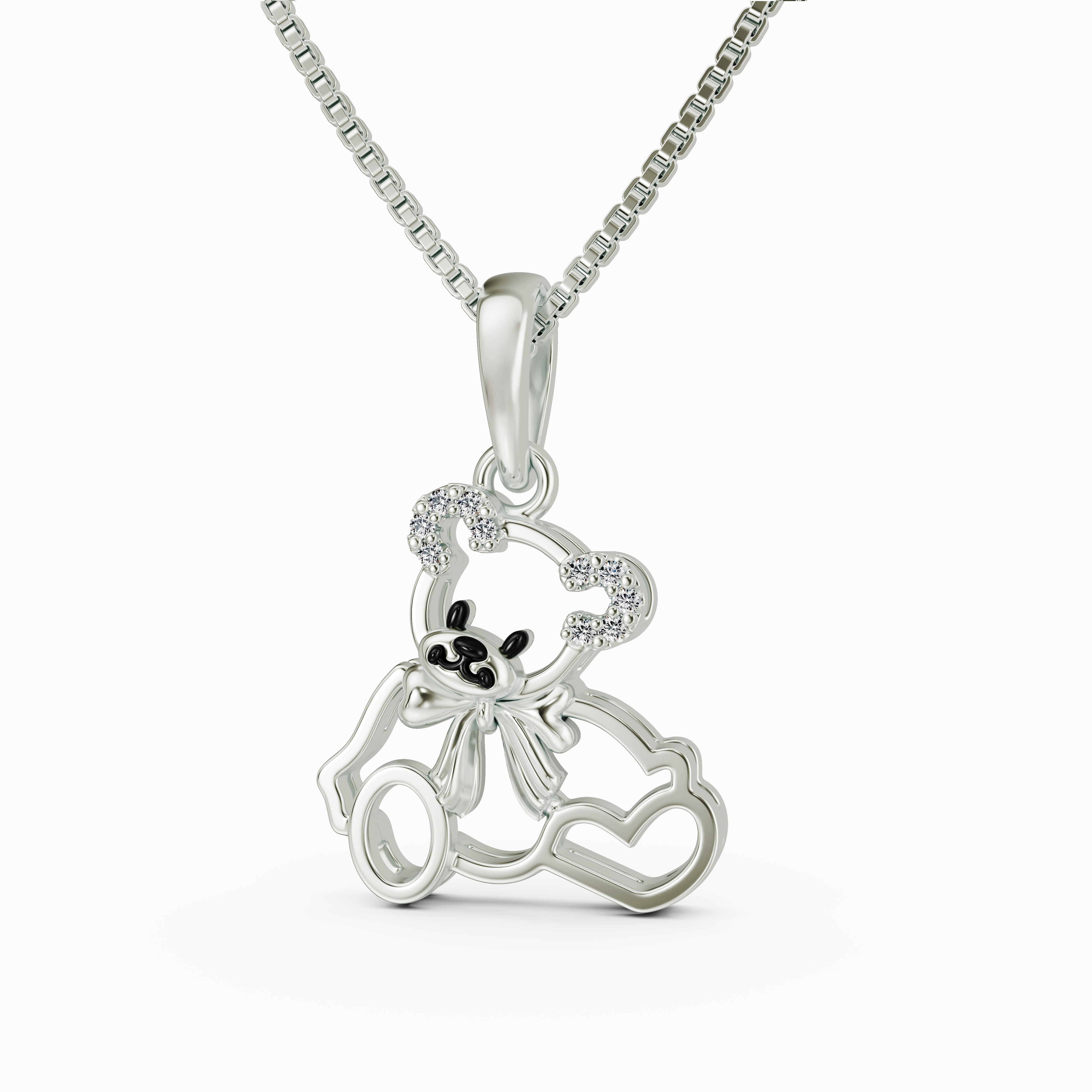 Elegant 925 Silver Open-Work Teddy Bear Necklace with CZ Accents & Hearts