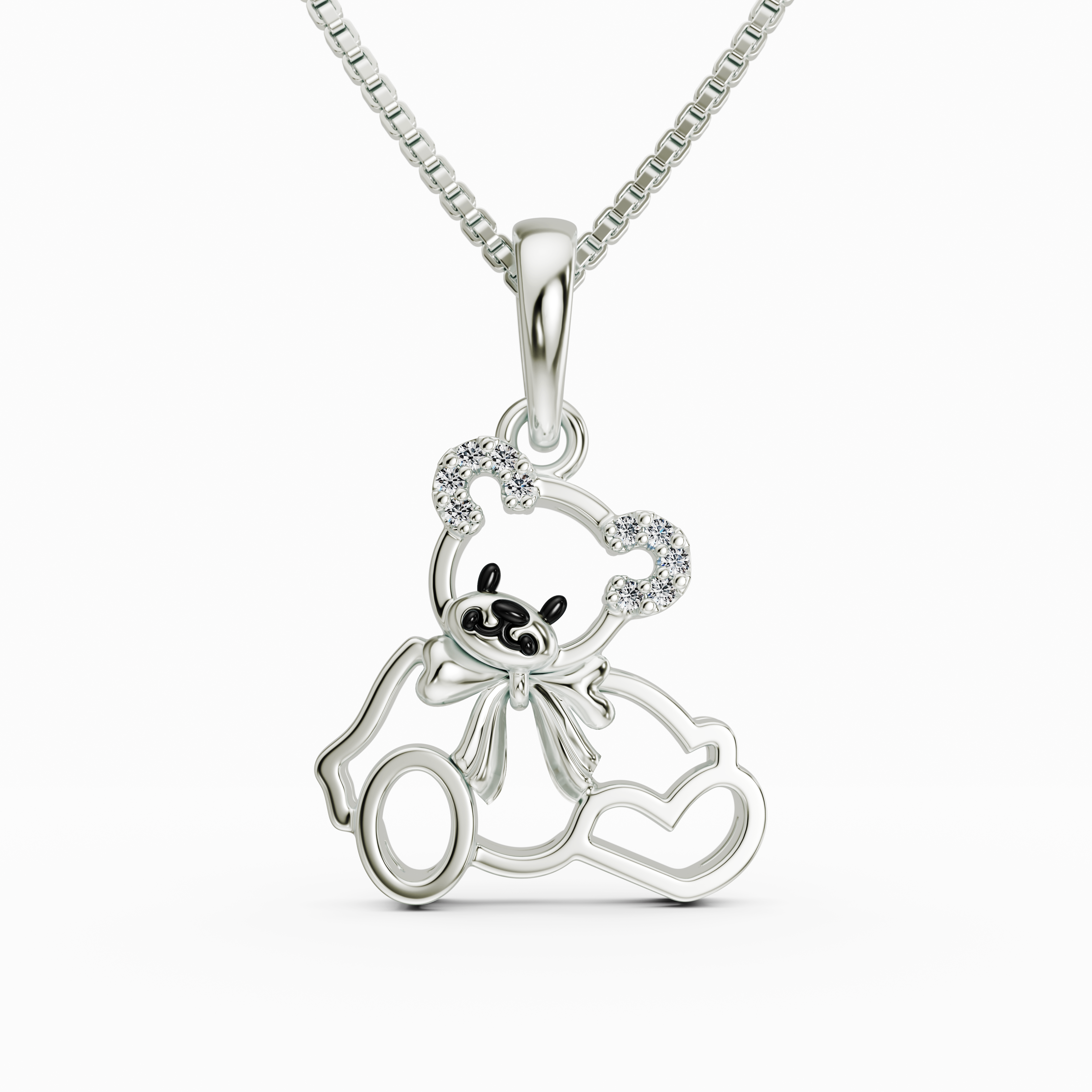 Elegant 925 Silver Open-Work Teddy Bear Necklace with CZ Accents & Hearts