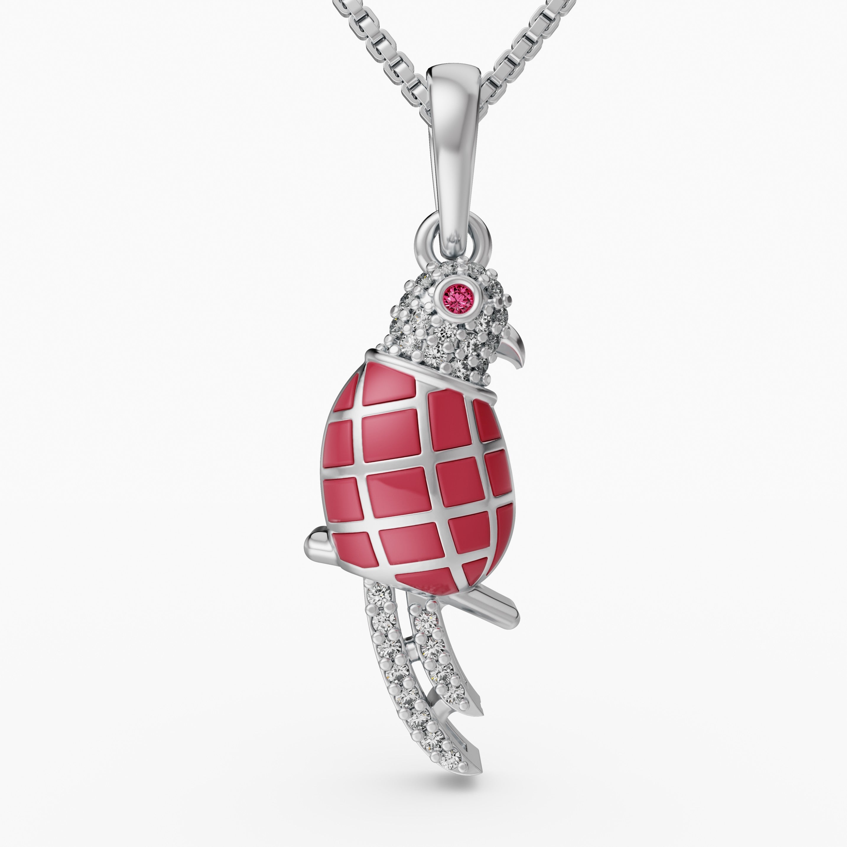 925 Sterling Silver Red Enamel Bird Pendant - CZ Parrot Necklace