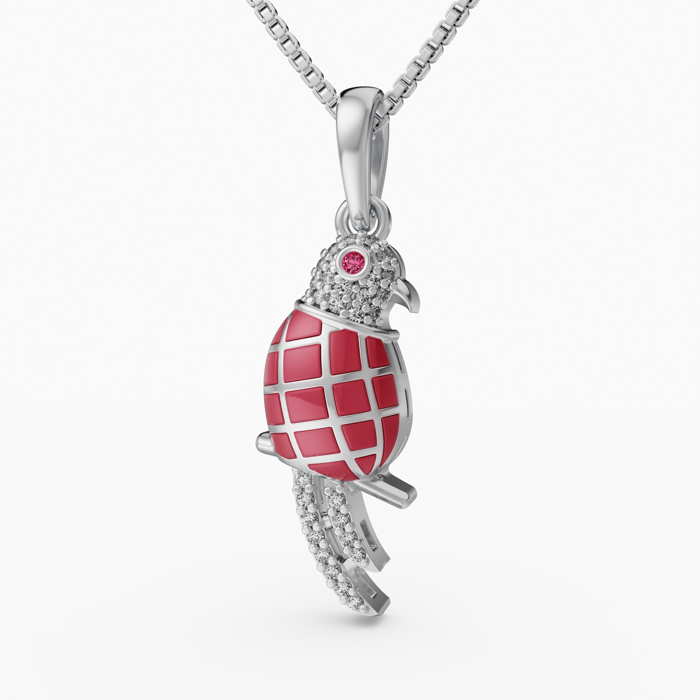 925 Sterling Silver Red Enamel Bird Pendant - CZ Parrot Necklace