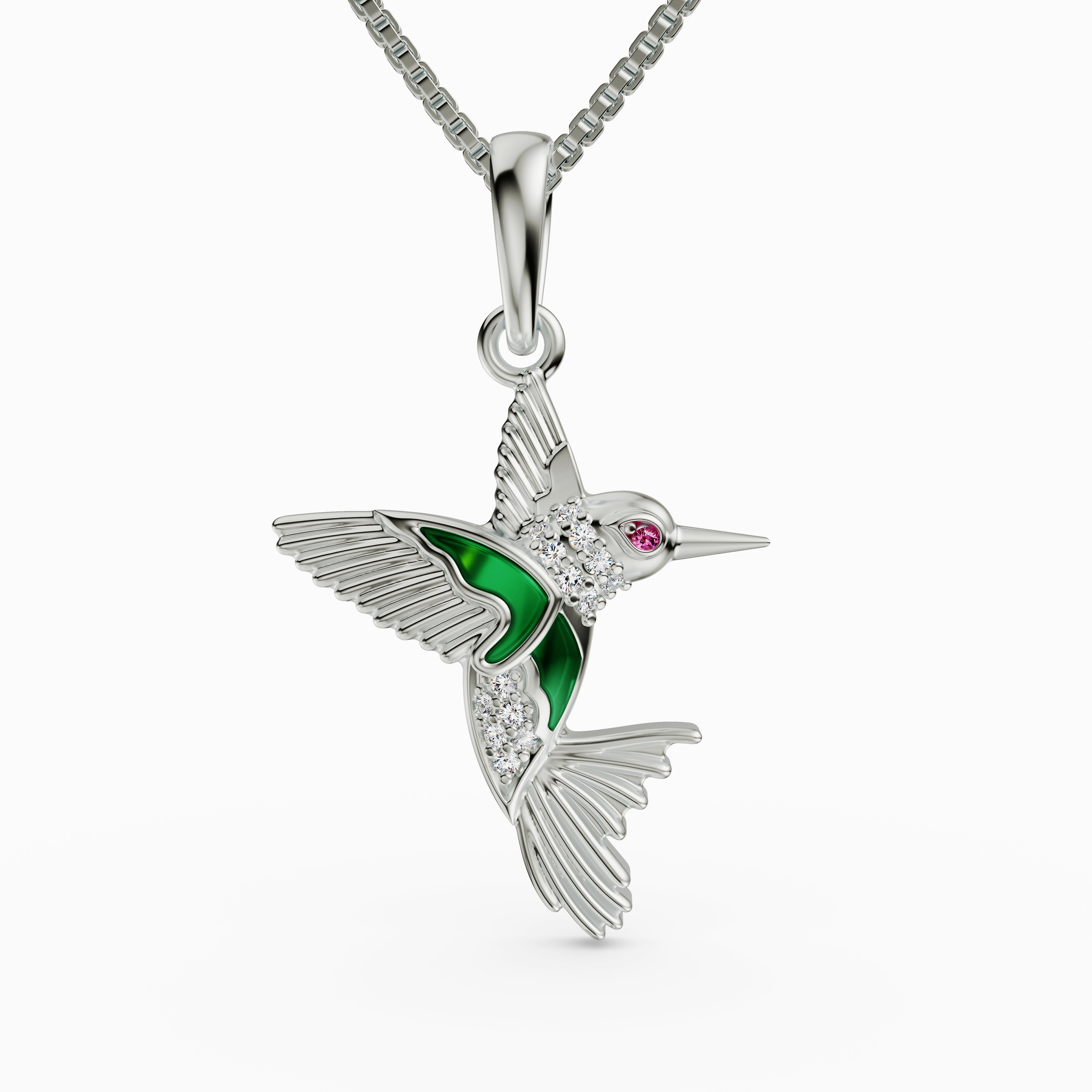 925 Sterling Silver Green Enamel Hummingbird Pendant - CZ Bird Necklace
