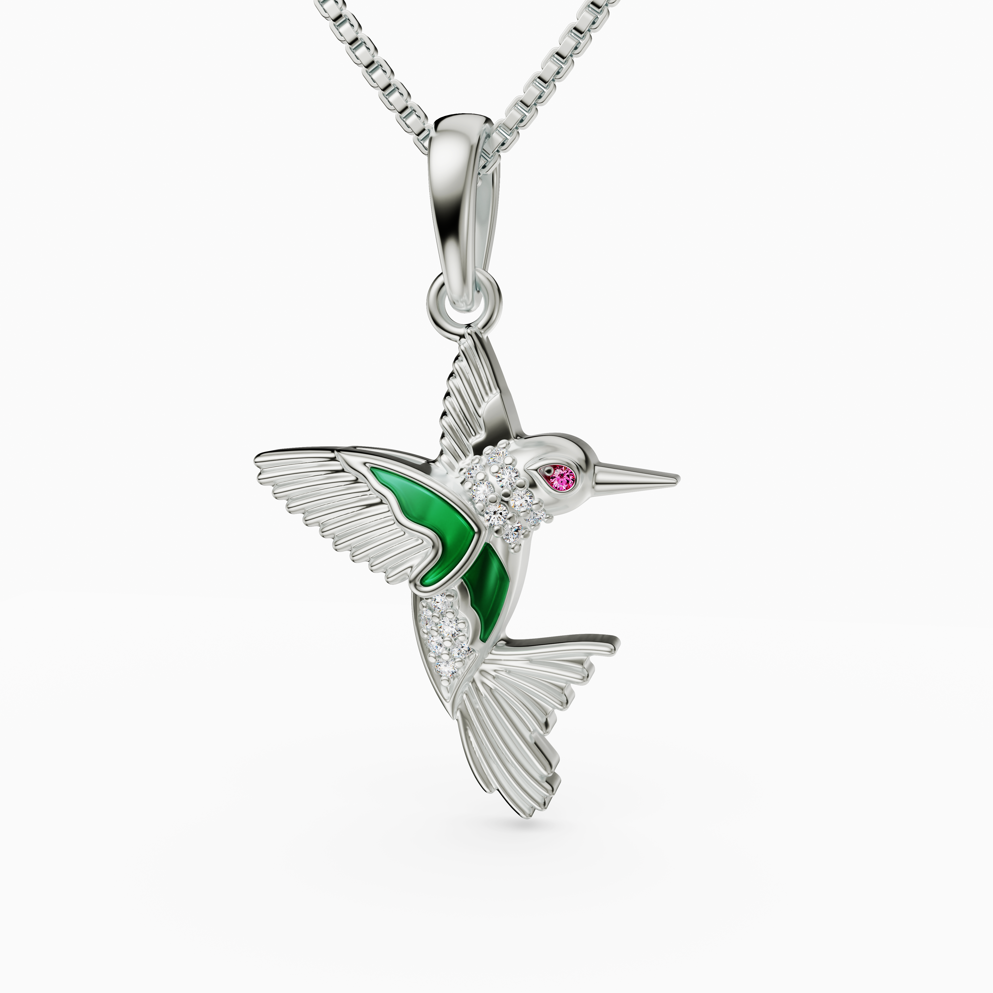 925 Sterling Silver Green Enamel Hummingbird Pendant - CZ Bird Necklace