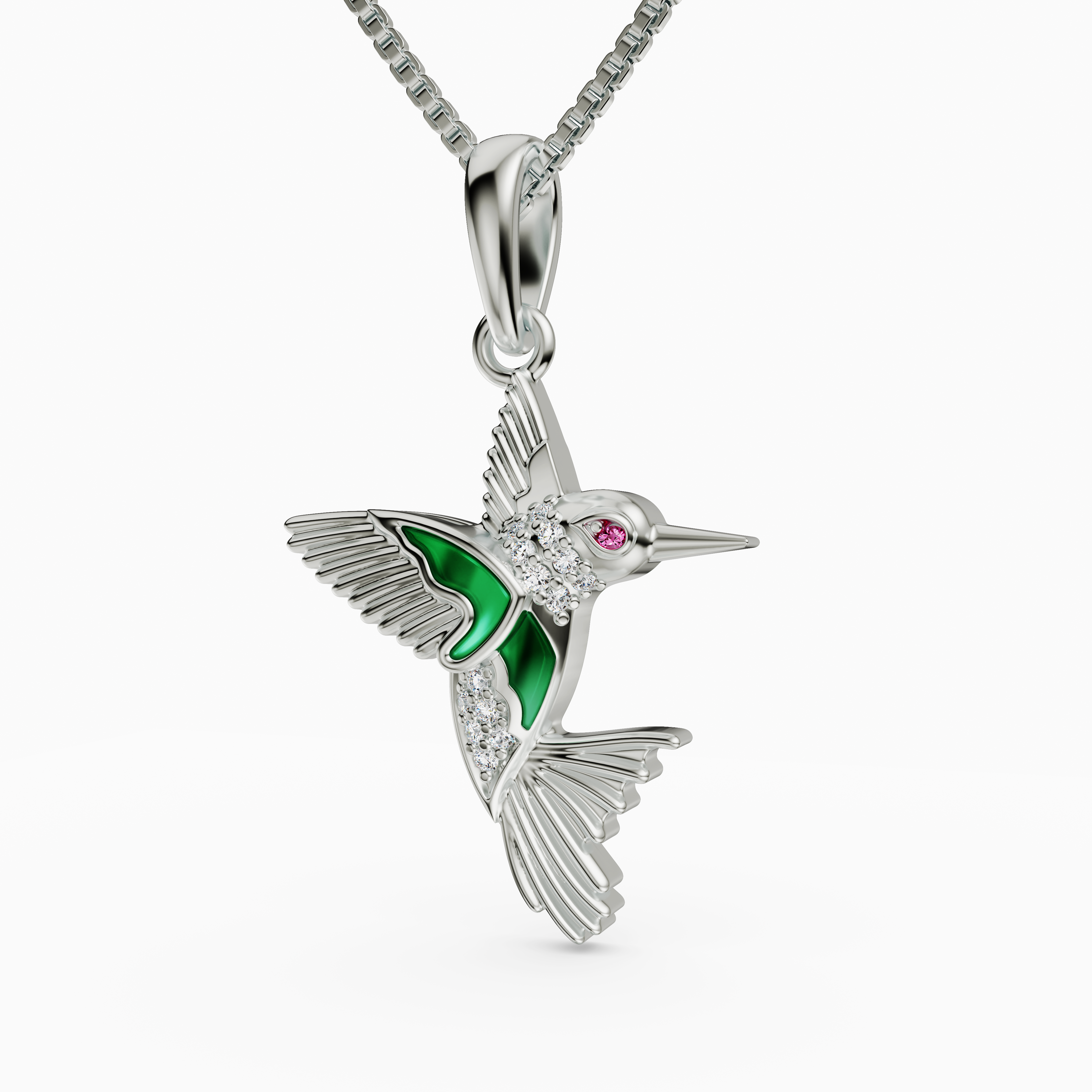 925 Sterling Silver Green Enamel Hummingbird Pendant - CZ Bird Necklace