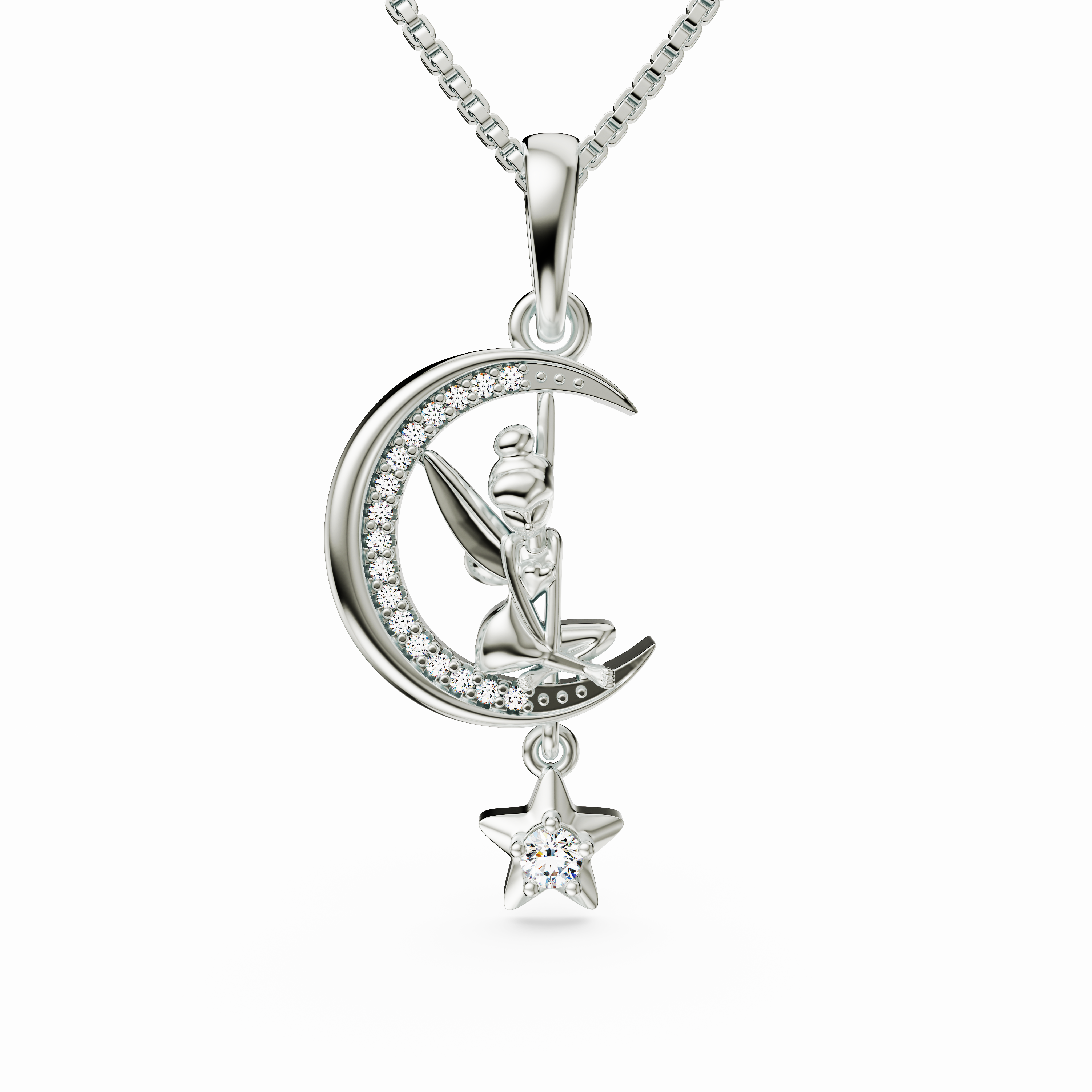 Crescent Moon Fairy Necklace with Dangling Star - 925 Silver & CZ