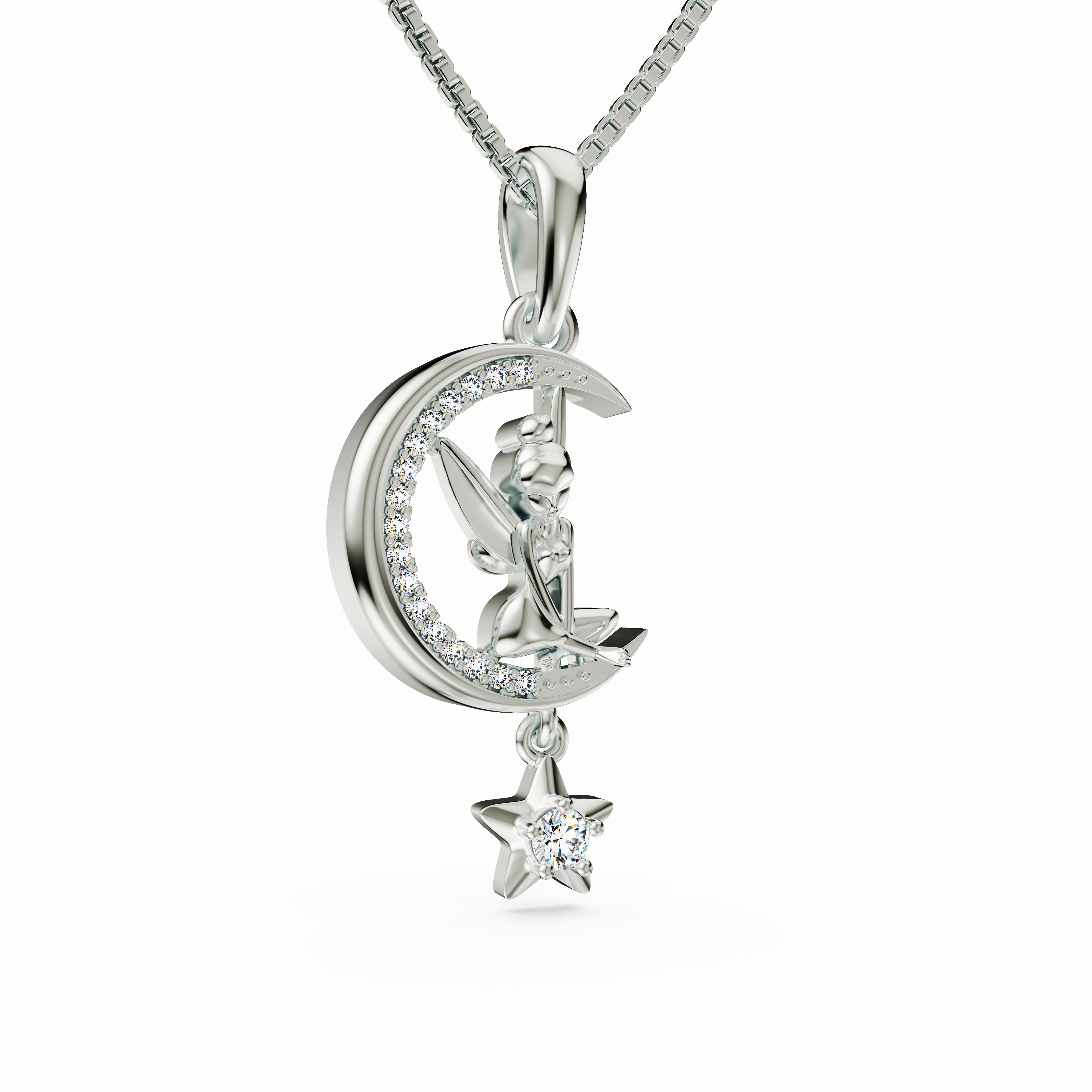 Crescent Moon Fairy Necklace with Dangling Star - 925 Silver & CZ