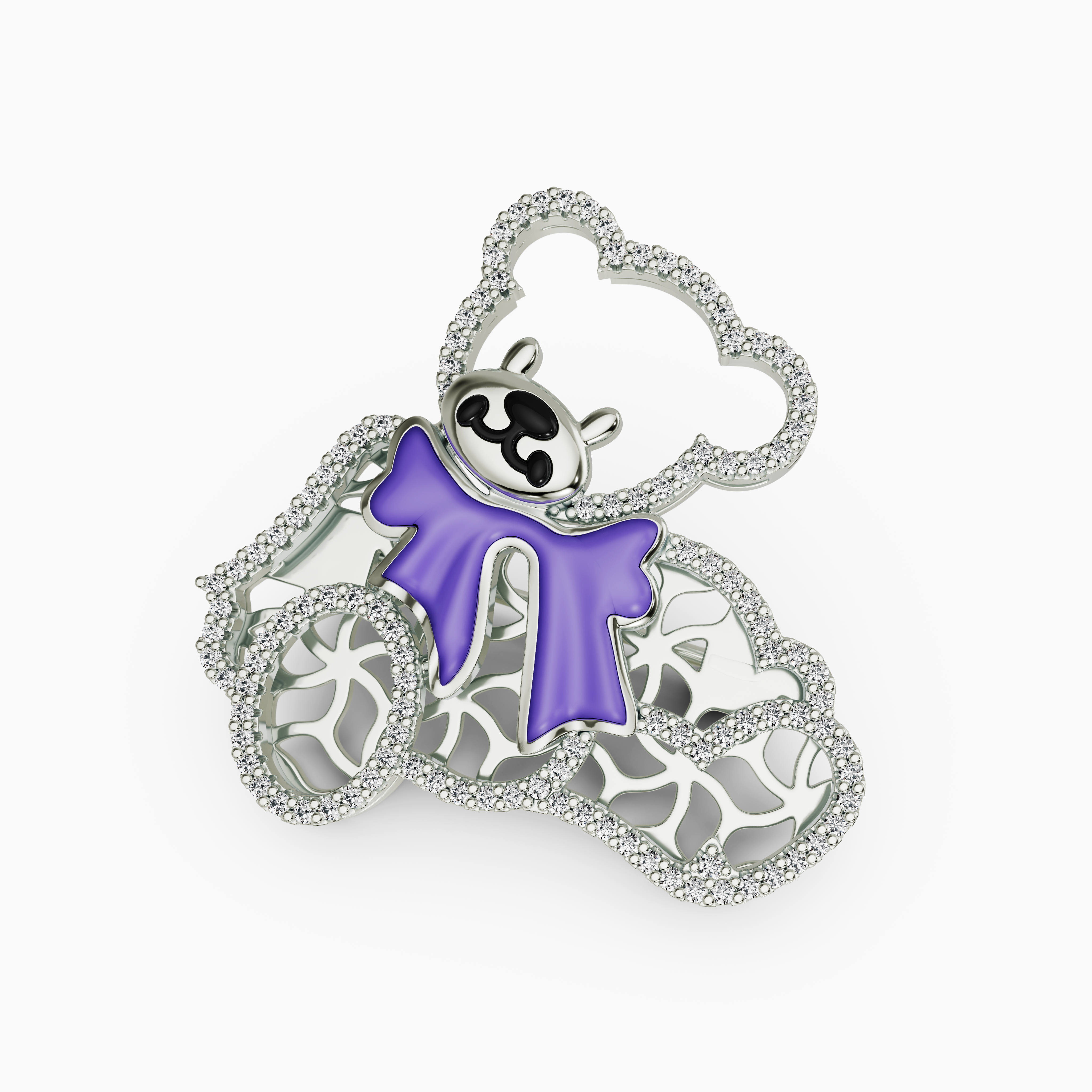 Whimsical 925 Silver Filigree Teddy Bear Pin with Purple Enamel Bow & CZ
