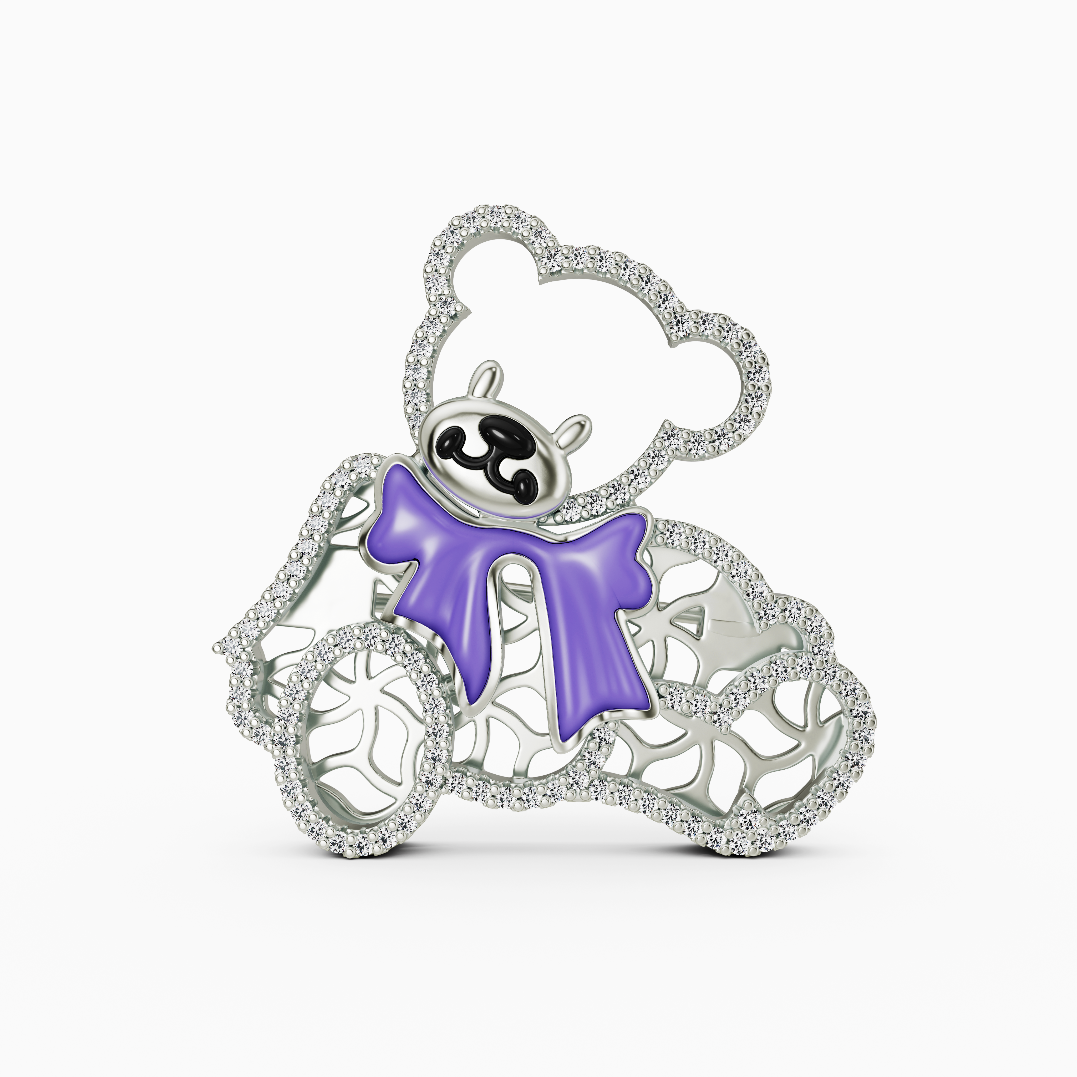 Whimsical 925 Silver Filigree Teddy Bear Pin with Purple Enamel Bow & CZ