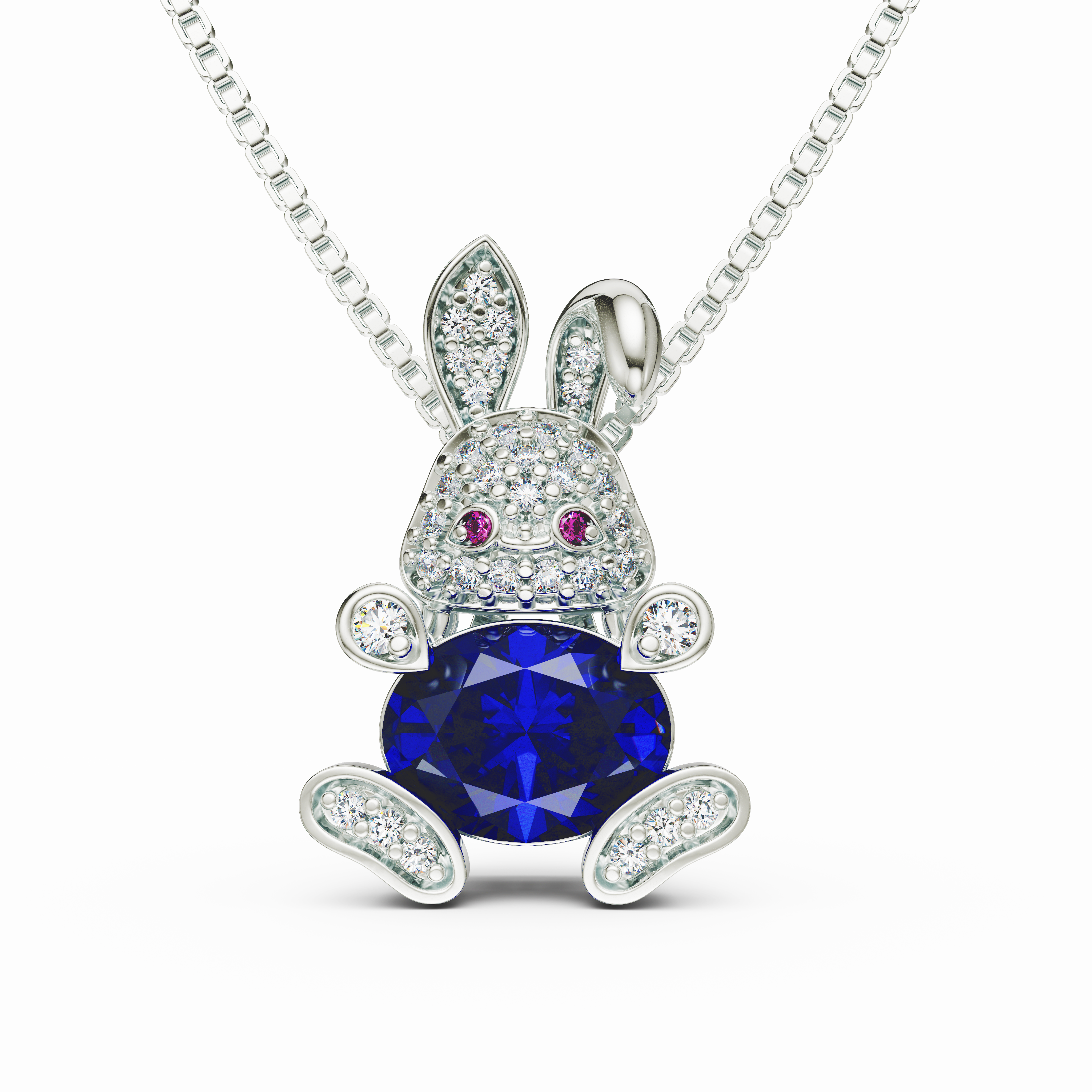 Whimsical 925 Silver Rabbit Pendant with Blue Oval CZ and Pink Eyes