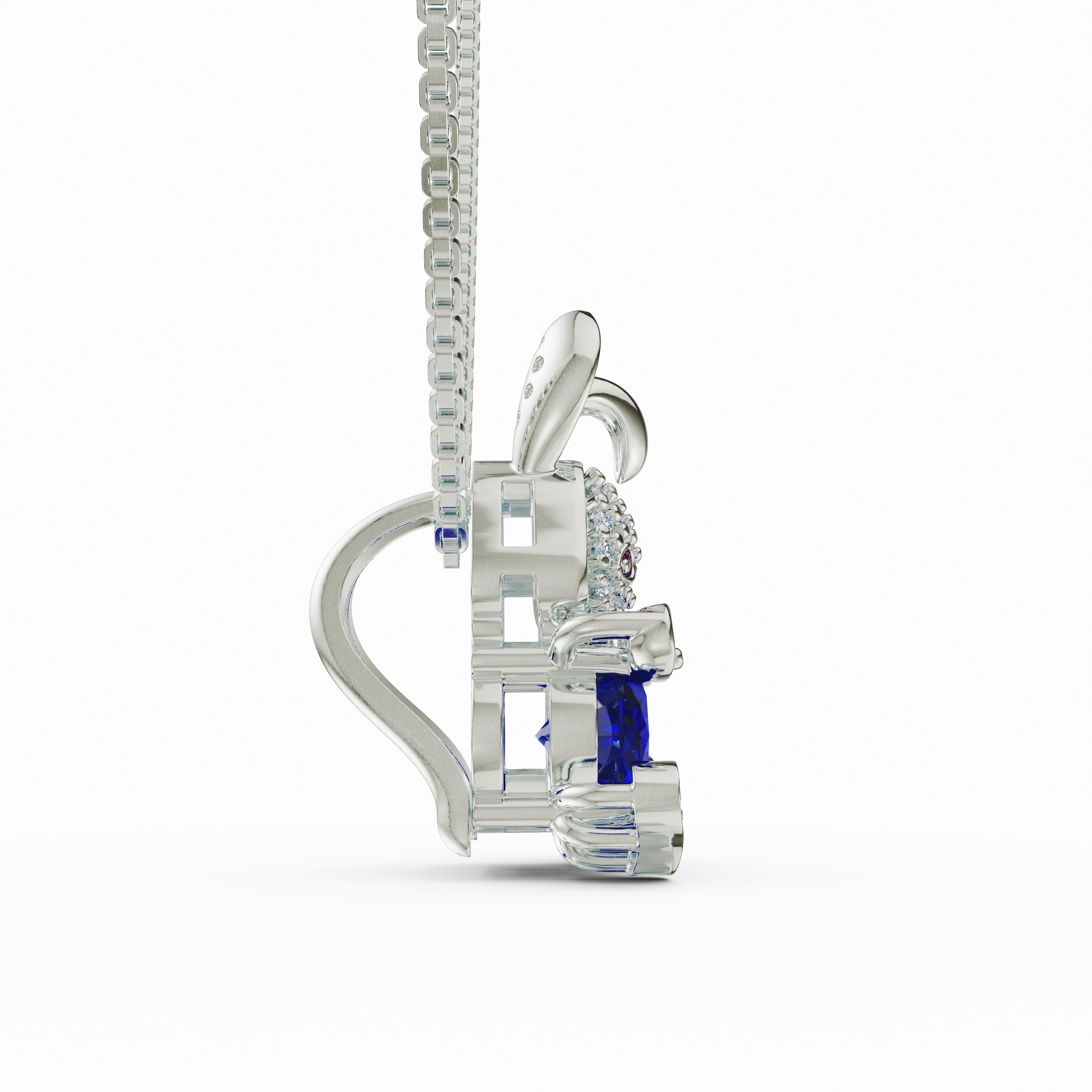 Whimsical 925 Silver Rabbit Pendant with Blue Oval CZ and Pink Eyes