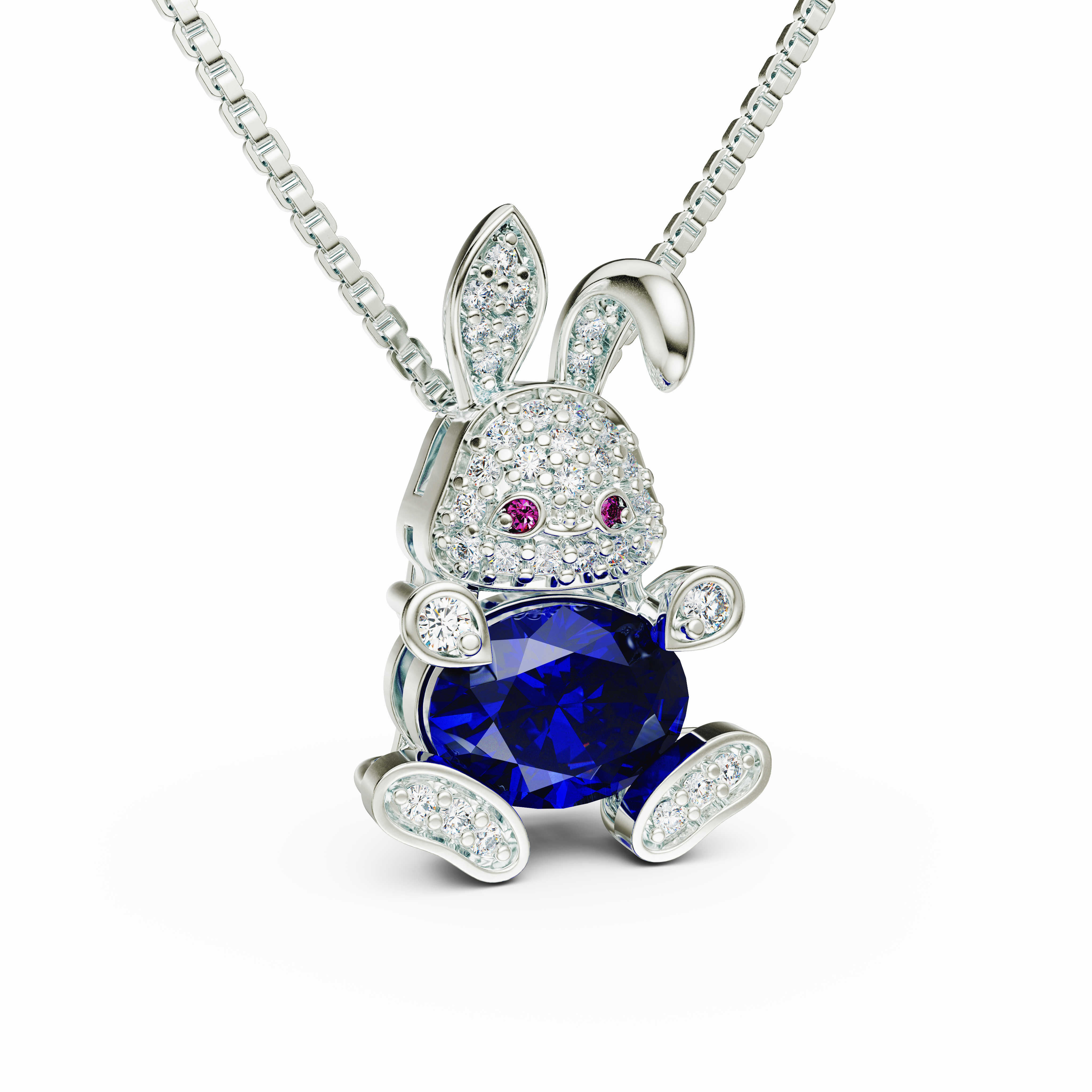 Whimsical 925 Silver Rabbit Pendant with Blue Oval CZ and Pink Eyes