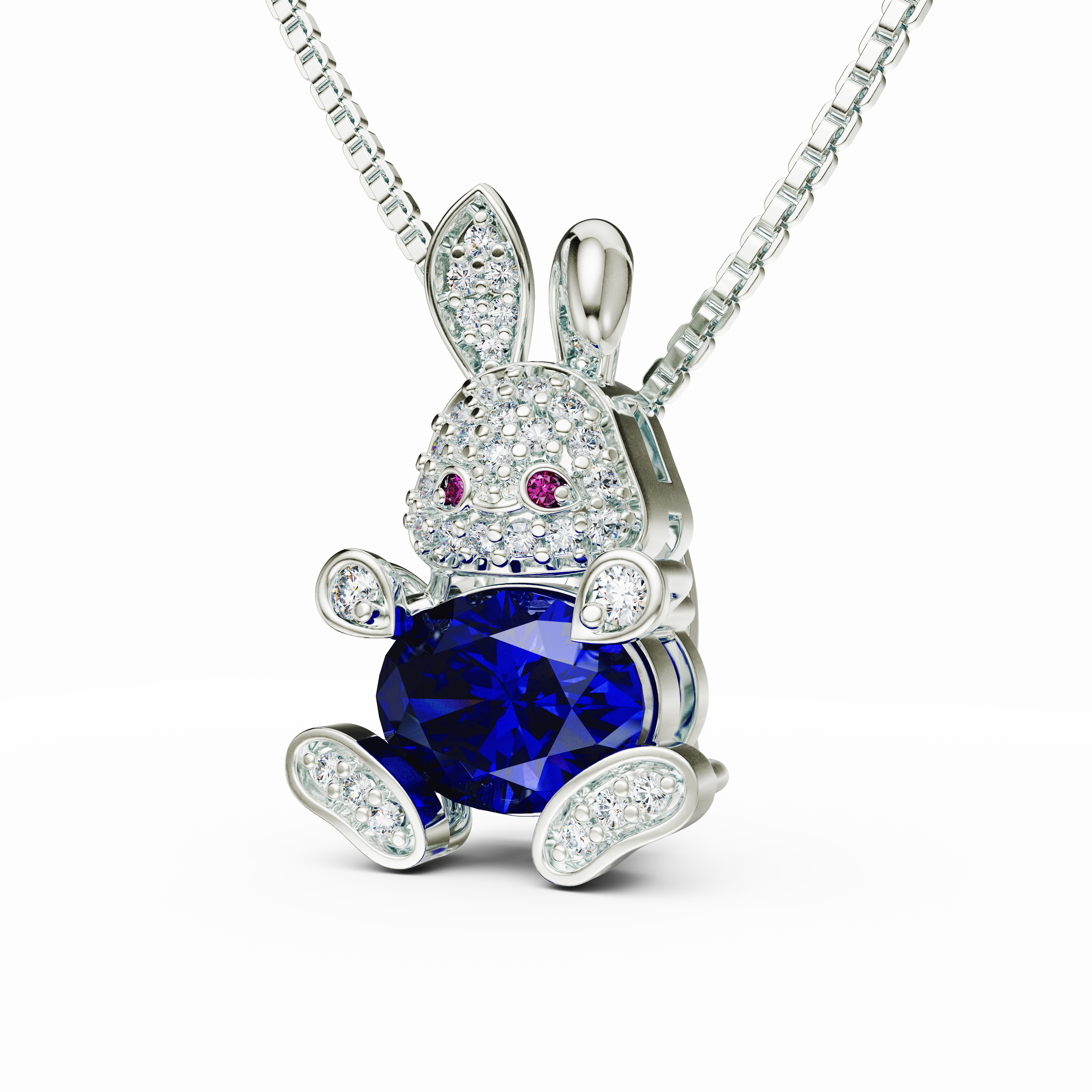 Whimsical 925 Silver Rabbit Pendant with Blue Oval CZ and Pink Eyes