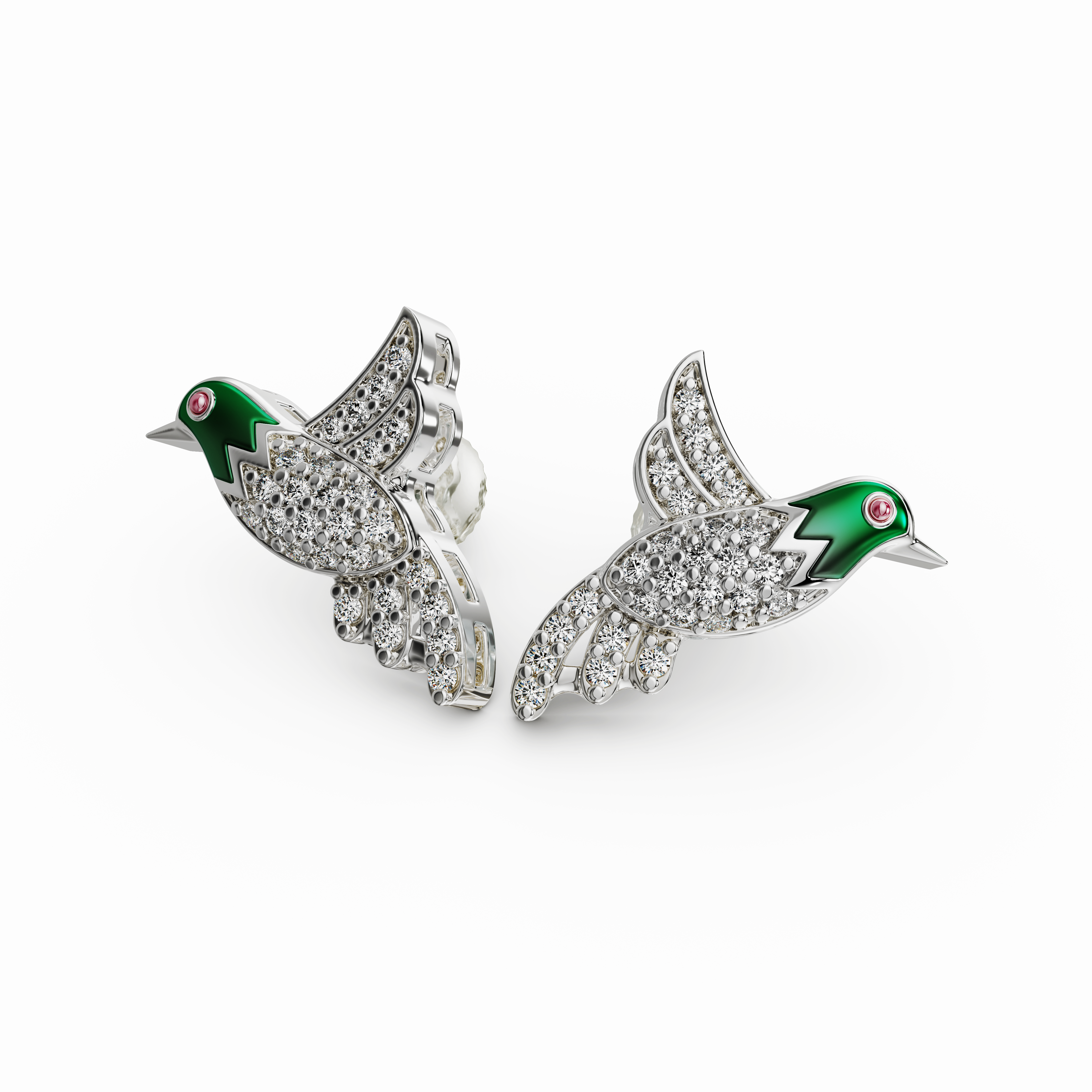 925 Silver CZ Hummingbird Ear Climber Earrings with Green Enamel