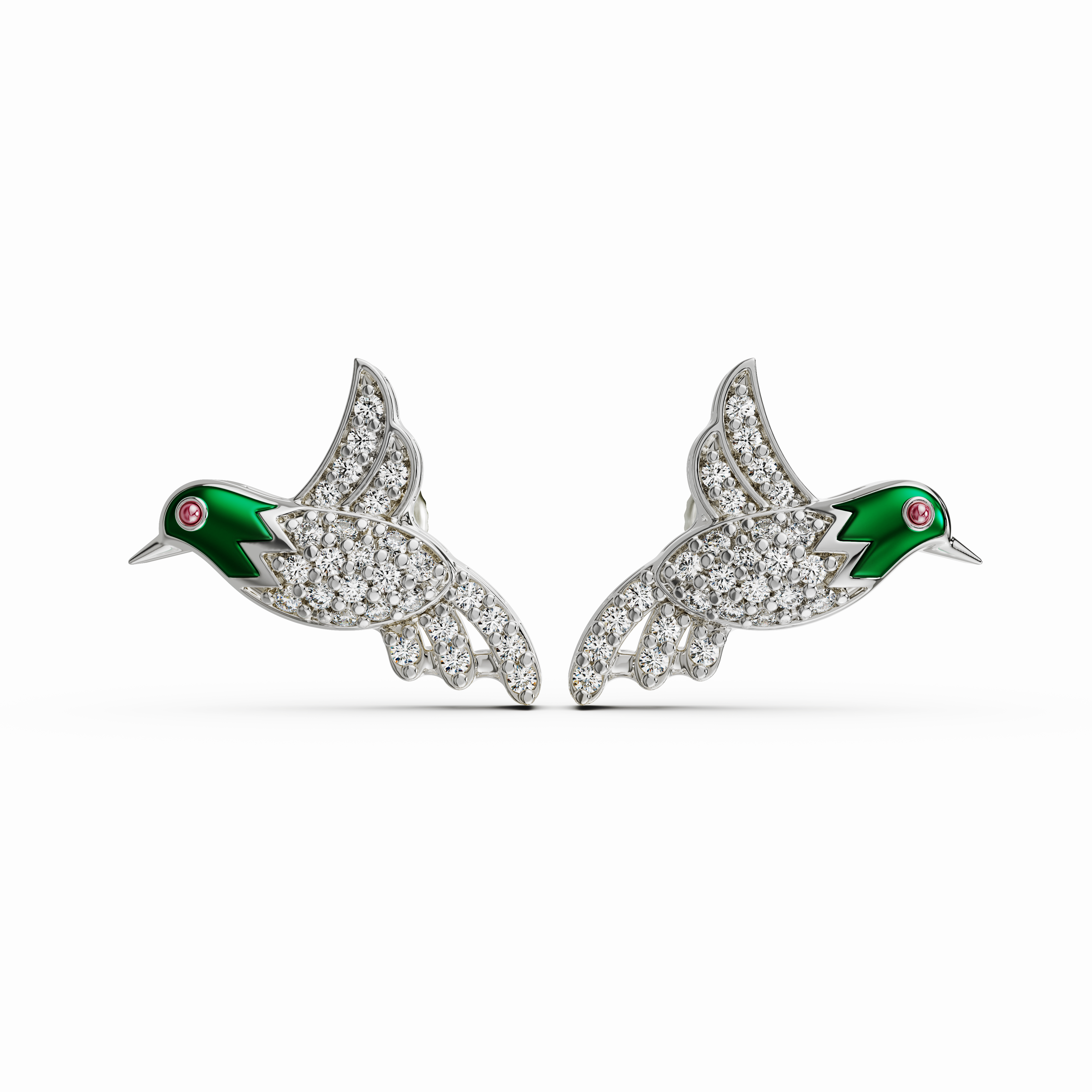 925 Silver CZ Hummingbird Ear Climber Earrings with Green Enamel