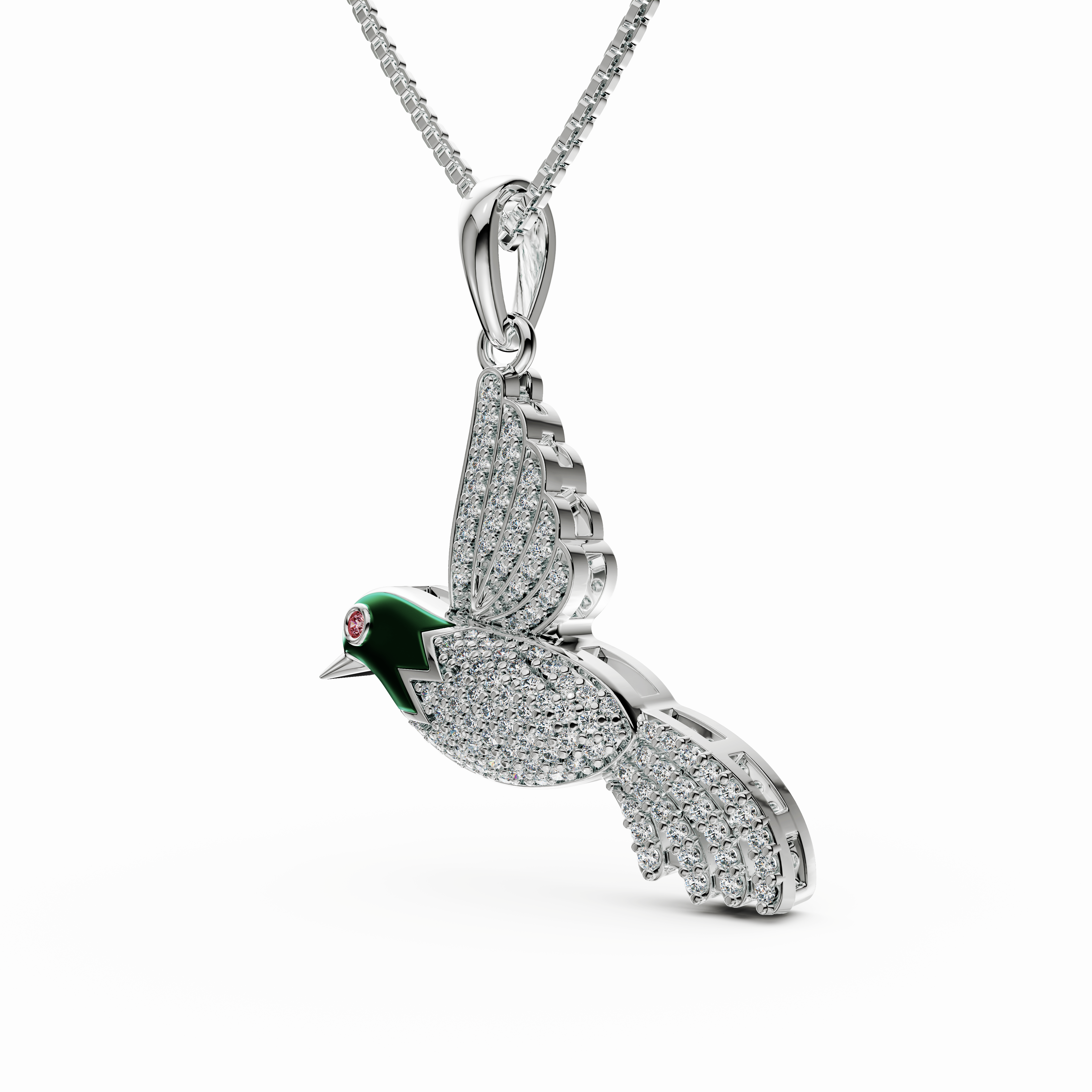 Sparkling Green Enamel Hummingbird Pendant with chain in Sterling Silver