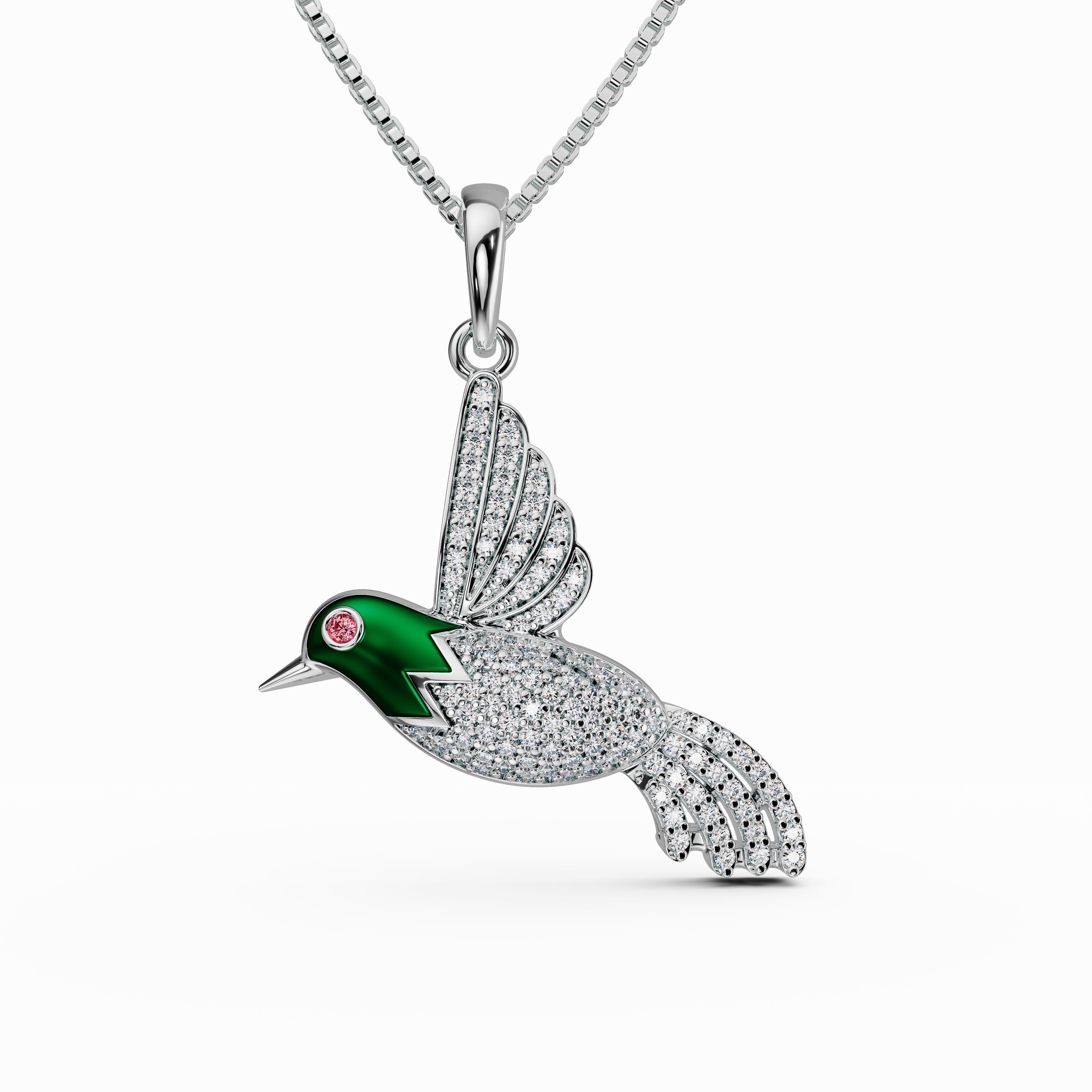 Sparkling Green Enamel Hummingbird Pendant with chain in Sterling Silver