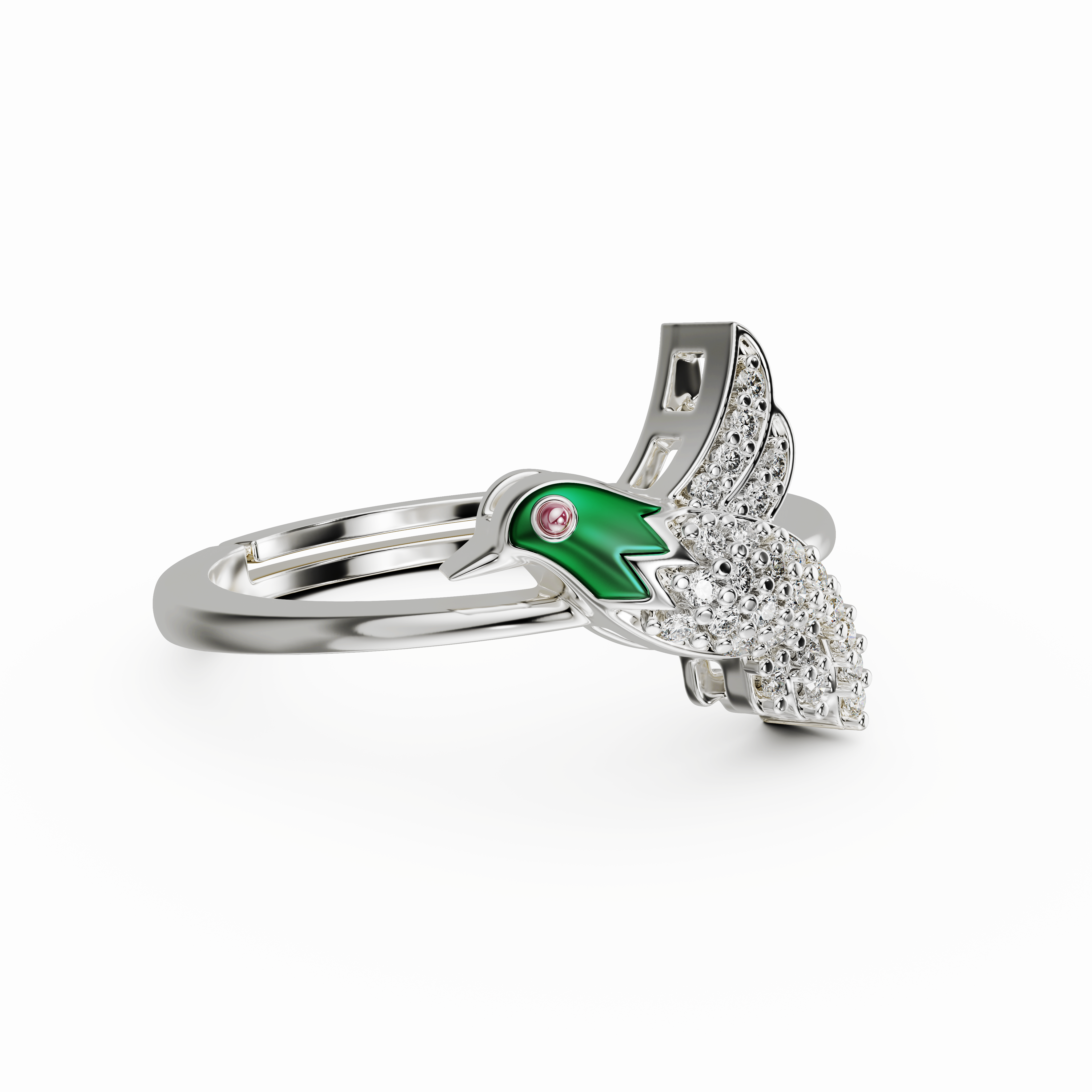 Sterling Silver Bird adjustable ring with Pave CZ and Green Enamel