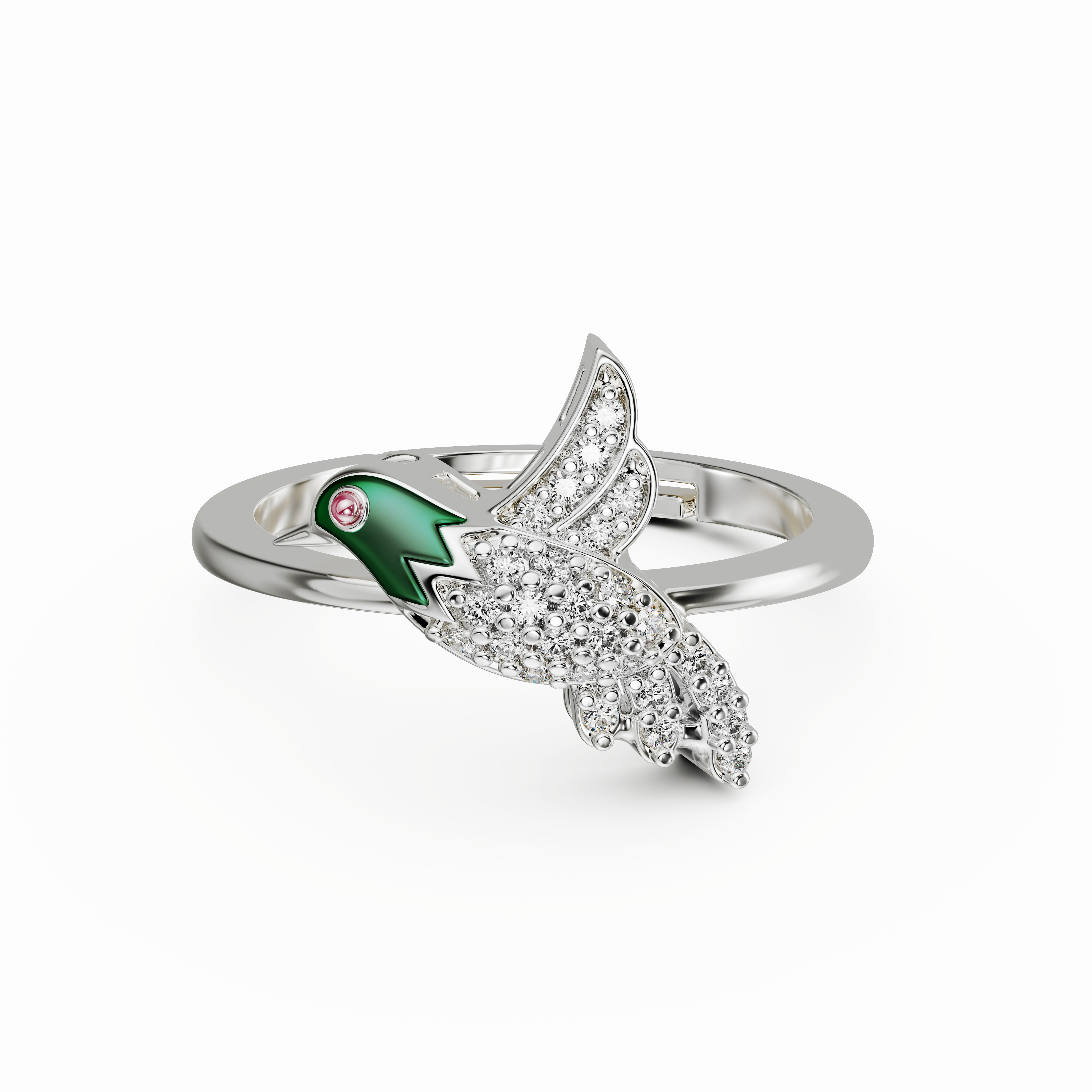 Sterling Silver Bird adjustable ring with Pave CZ and Green Enamel