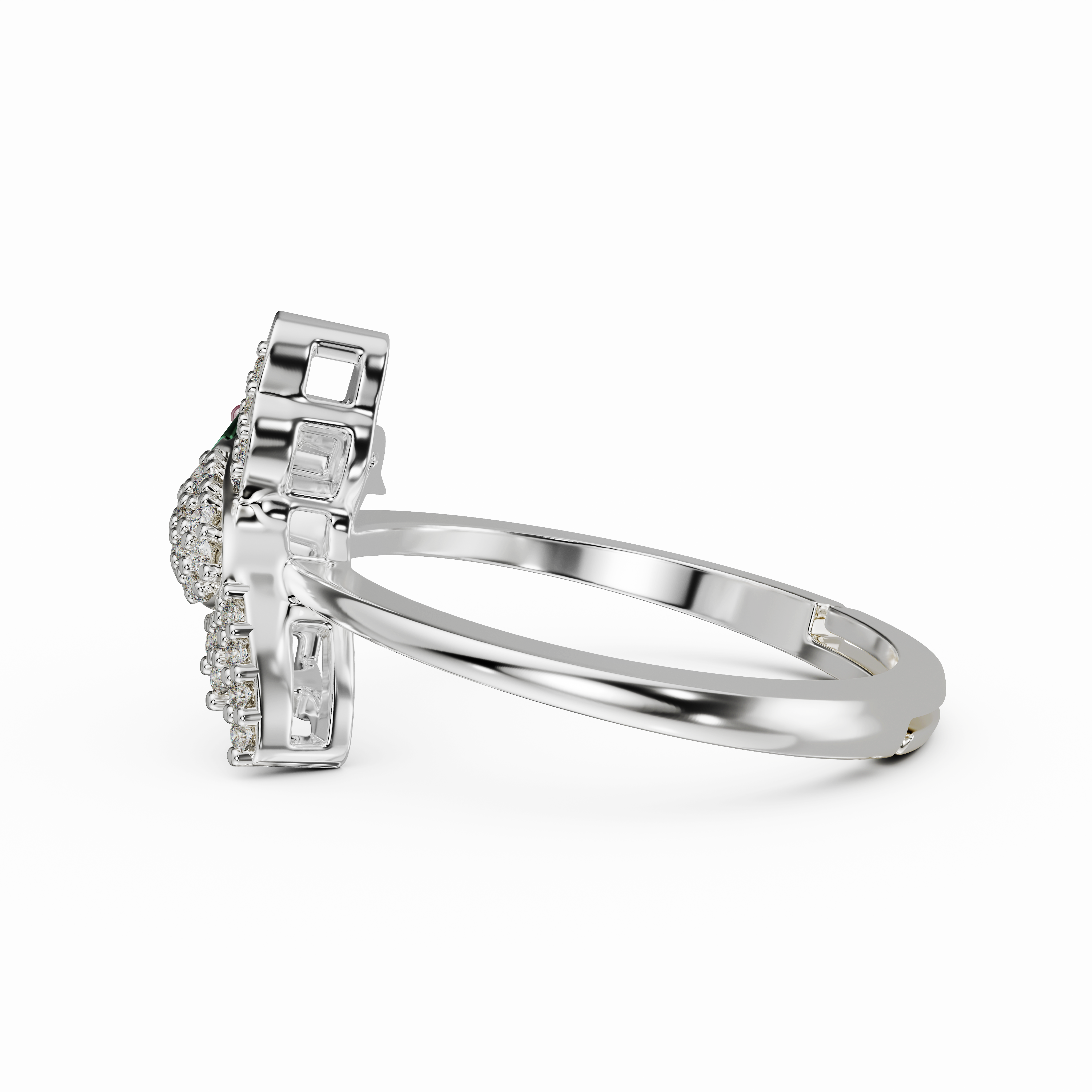 Sterling Silver Bird adjustable ring with Pave CZ and Green Enamel