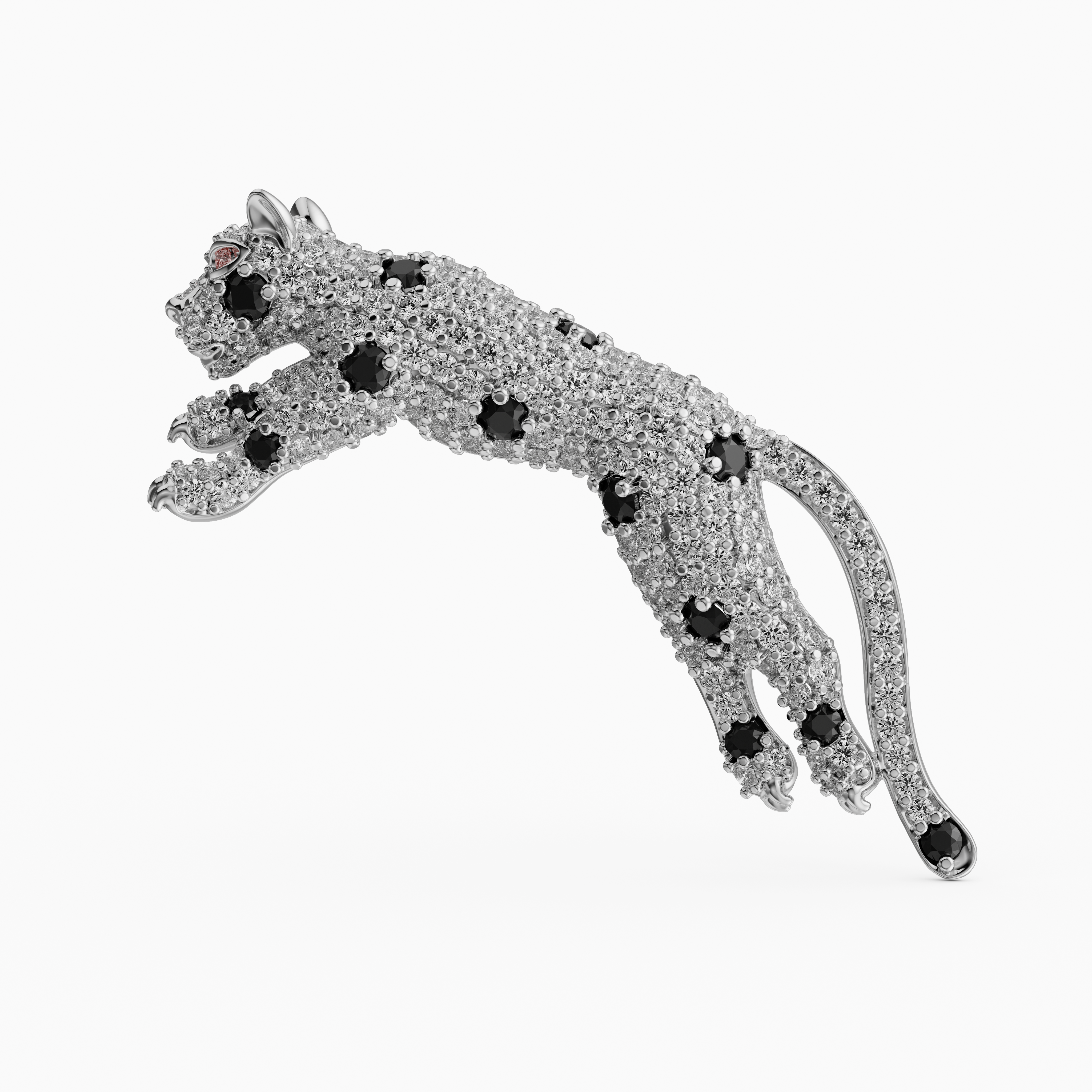 White and Black Accent Leaping Leopard 925 silver Brooch