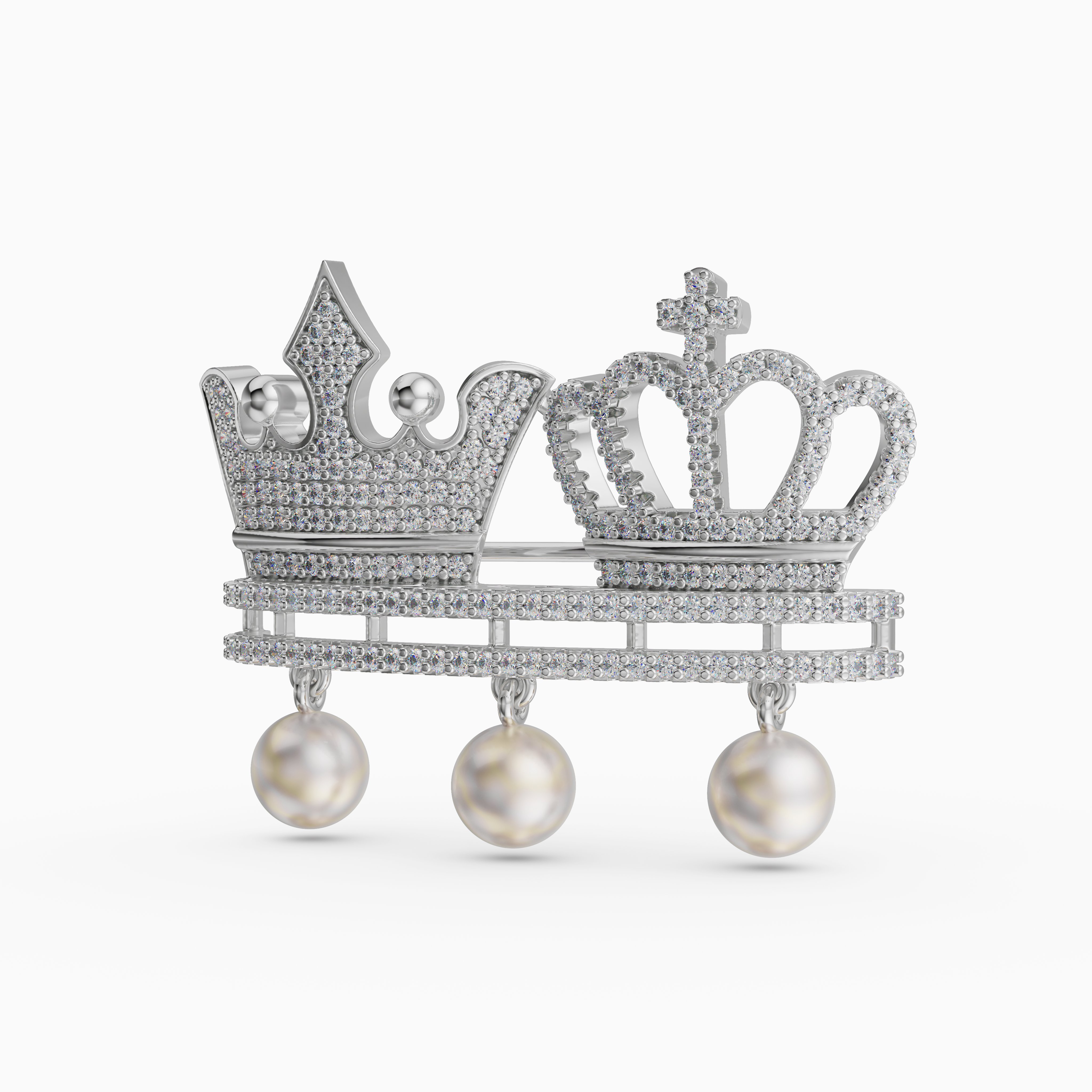 925 Sterling Silver CZ king & Queen Crown Brooch with Pearls