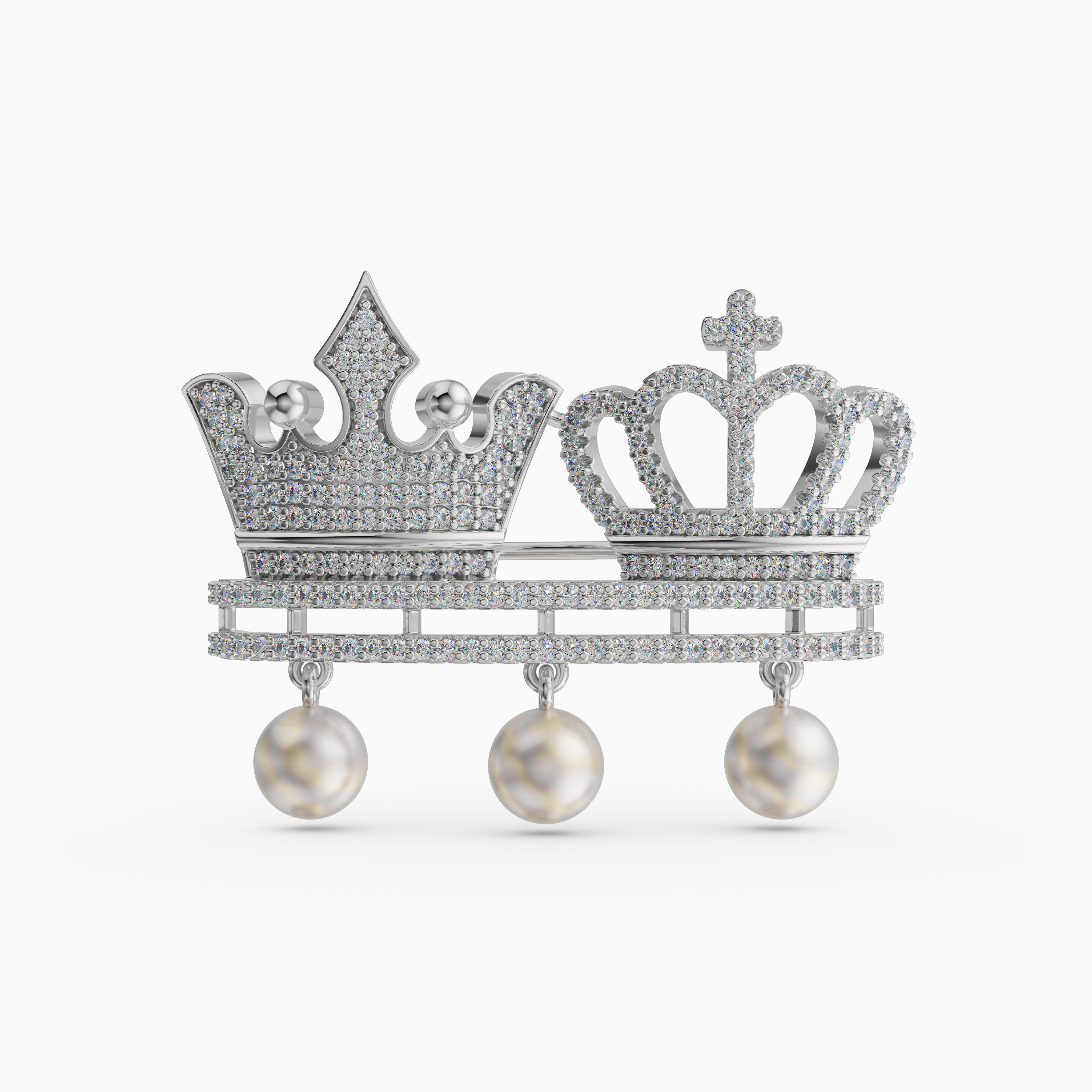 925 Sterling Silver CZ king & Queen Crown Brooch with Pearls