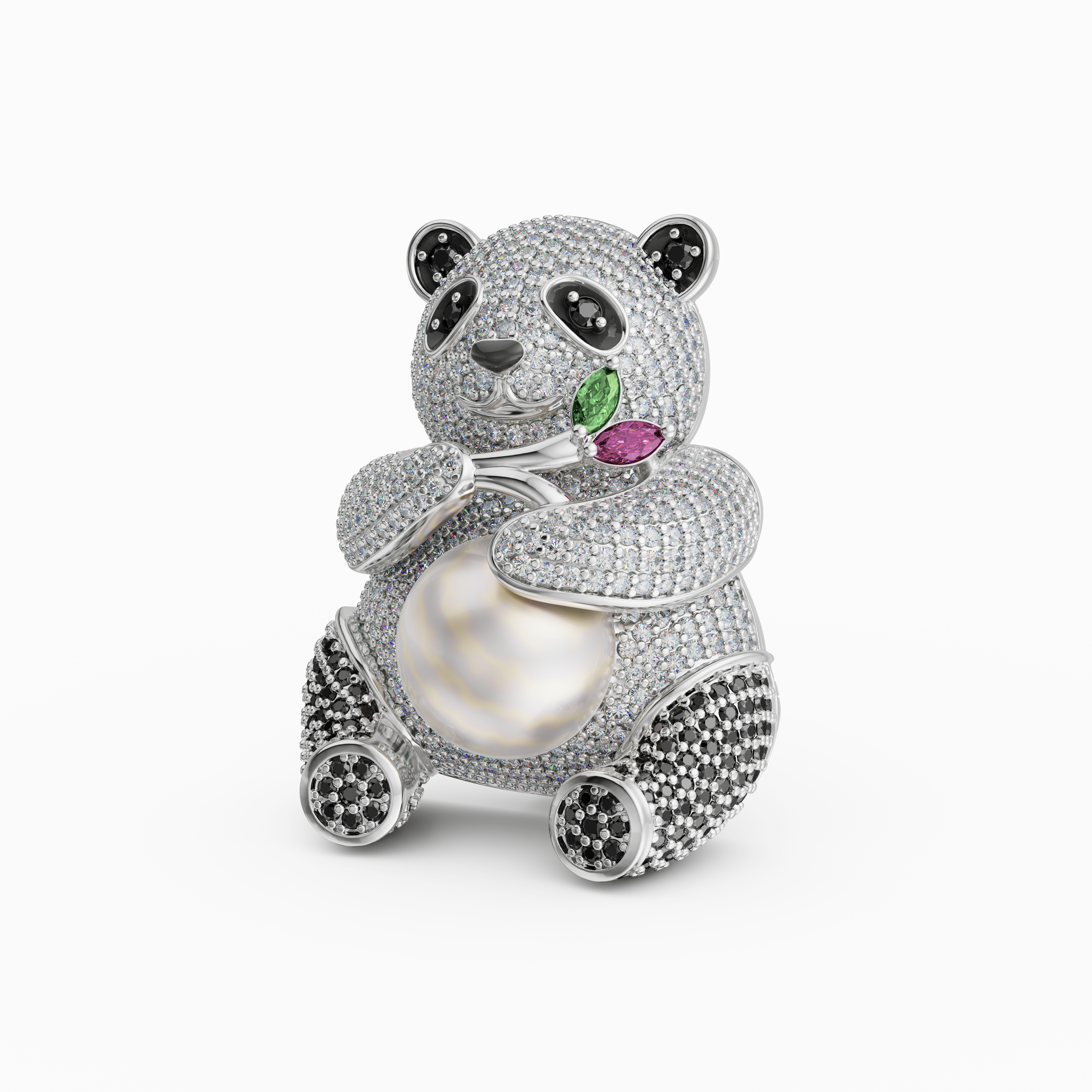 925 Silver CZ Panda Brooch with Simulated Pearl