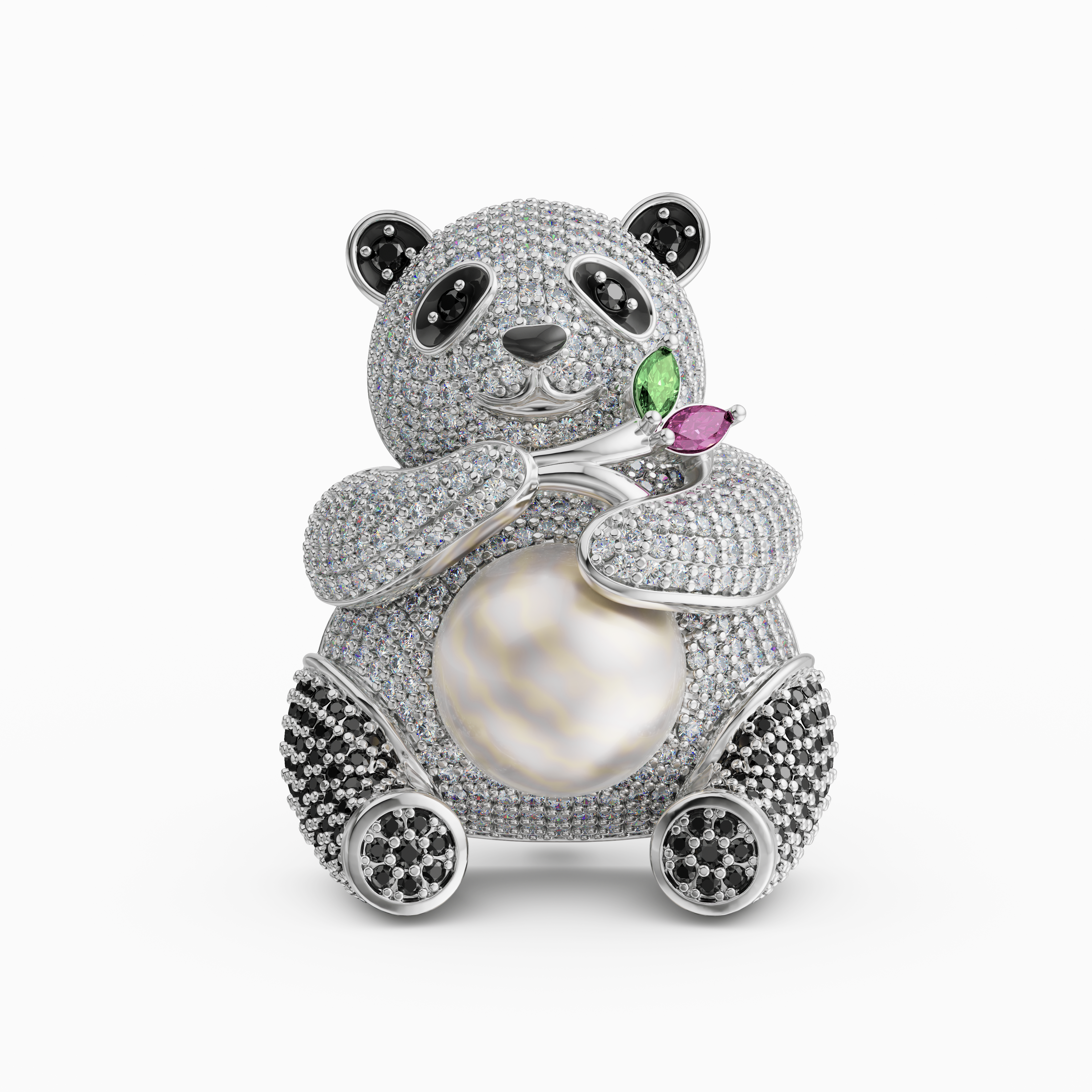 925 Silver CZ Panda Brooch with Simulated Pearl