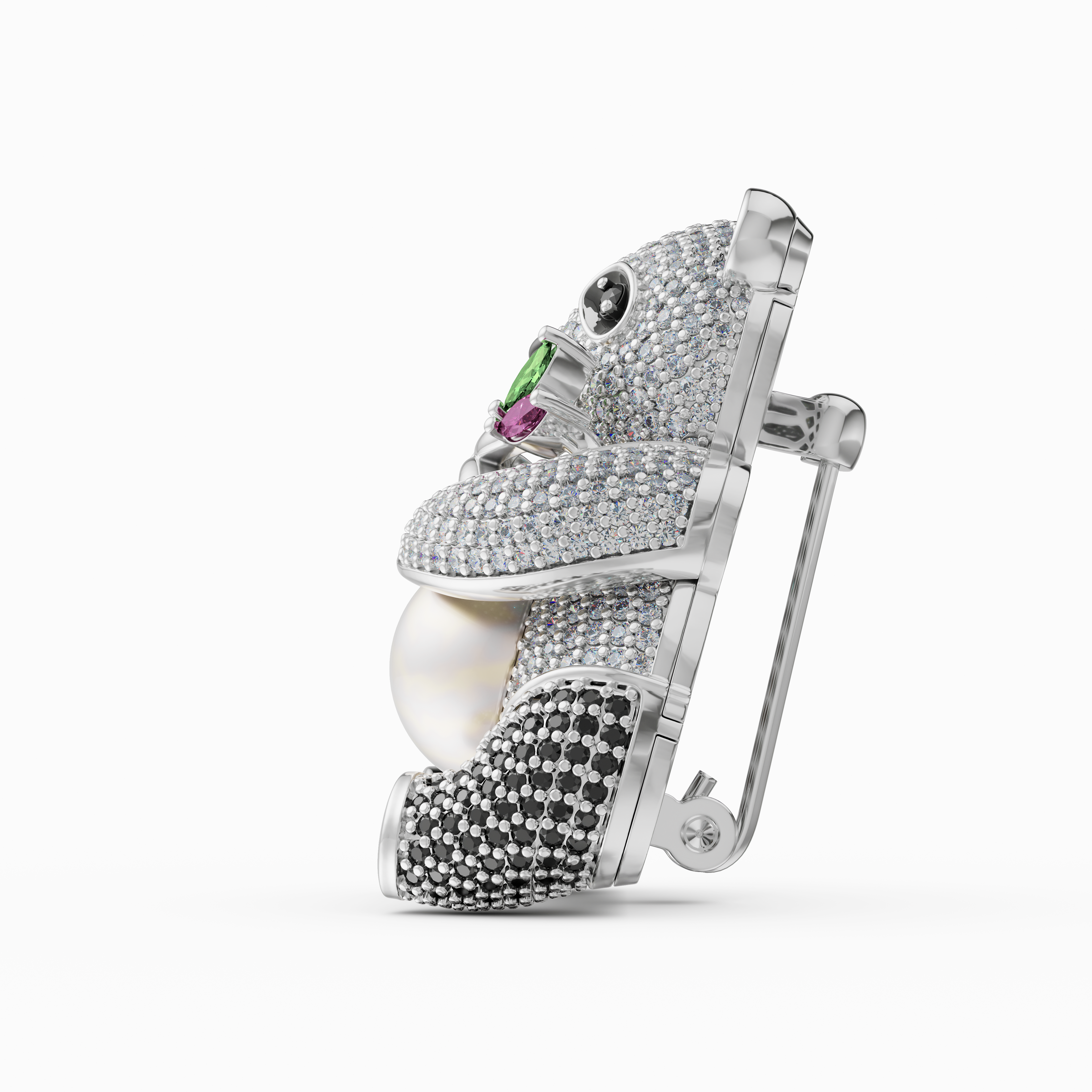 925 Silver CZ Panda Brooch with Simulated Pearl
