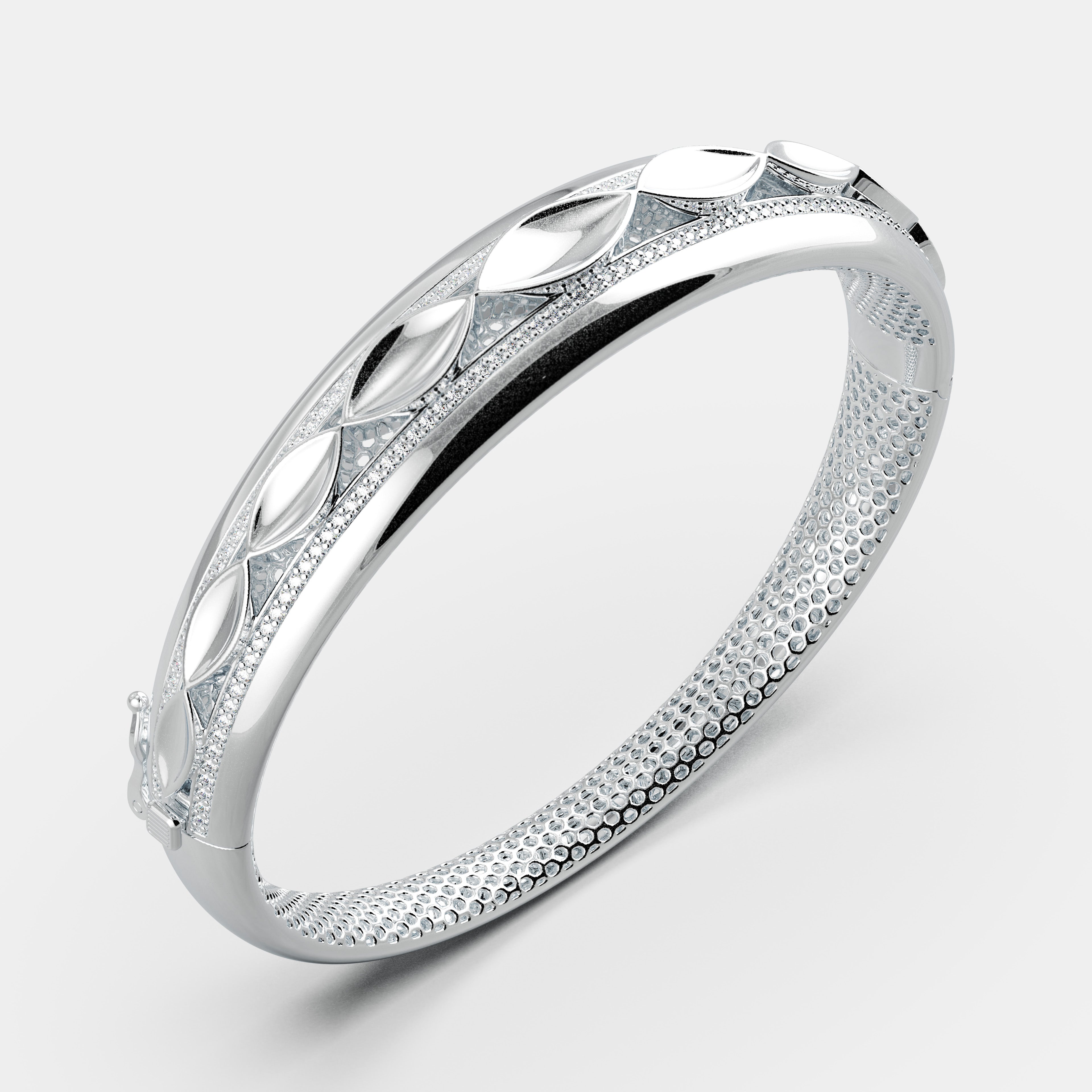 Marquise Floral Pattern Bangle 925 Sterling Silver Leaf Pattern Bangle – Elegant CZ Pave Bordered Hinged Bracelet