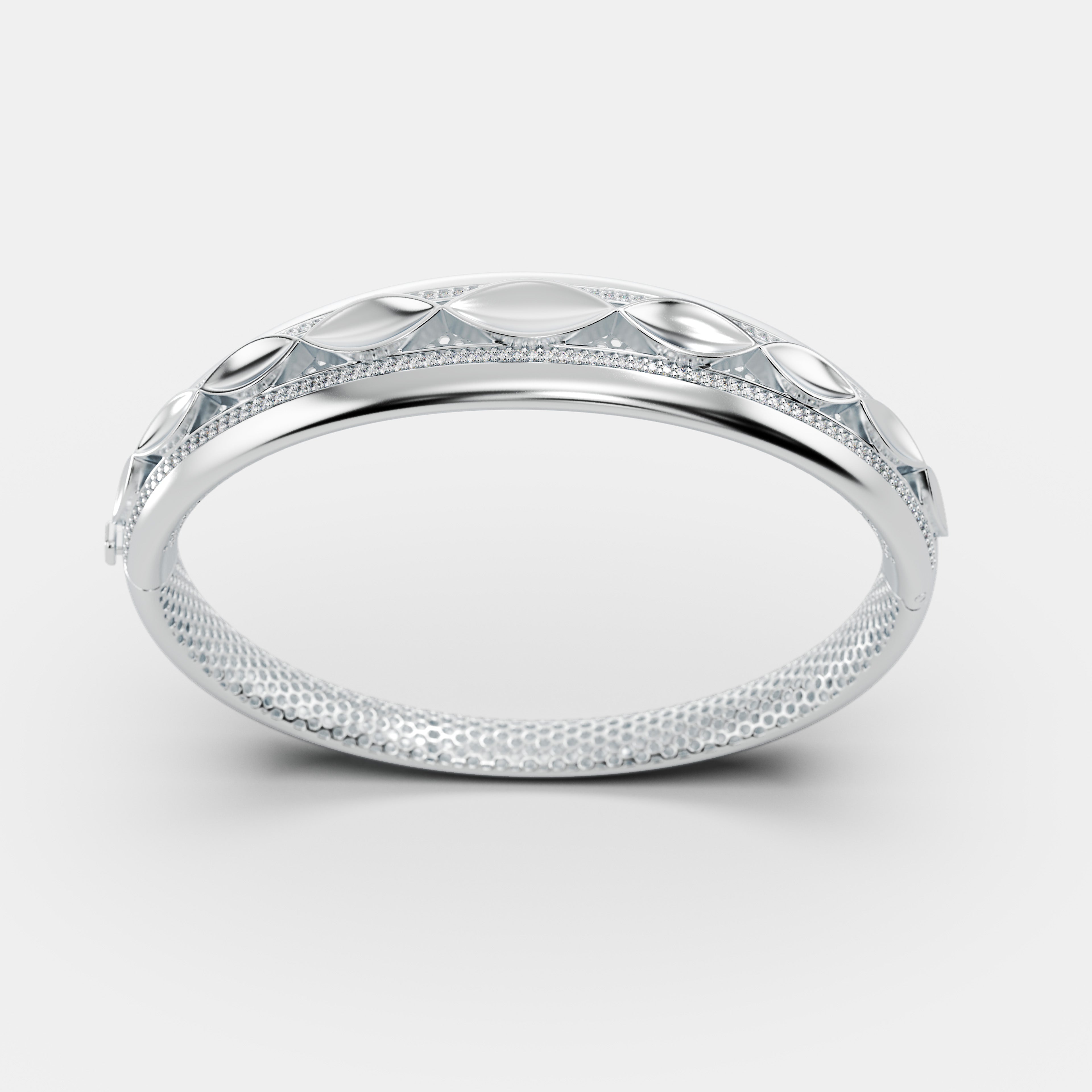 Marquise Floral Pattern Bangle 925 Sterling Silver Leaf Pattern Bangle – Elegant CZ Pave Bordered Hinged Bracelet