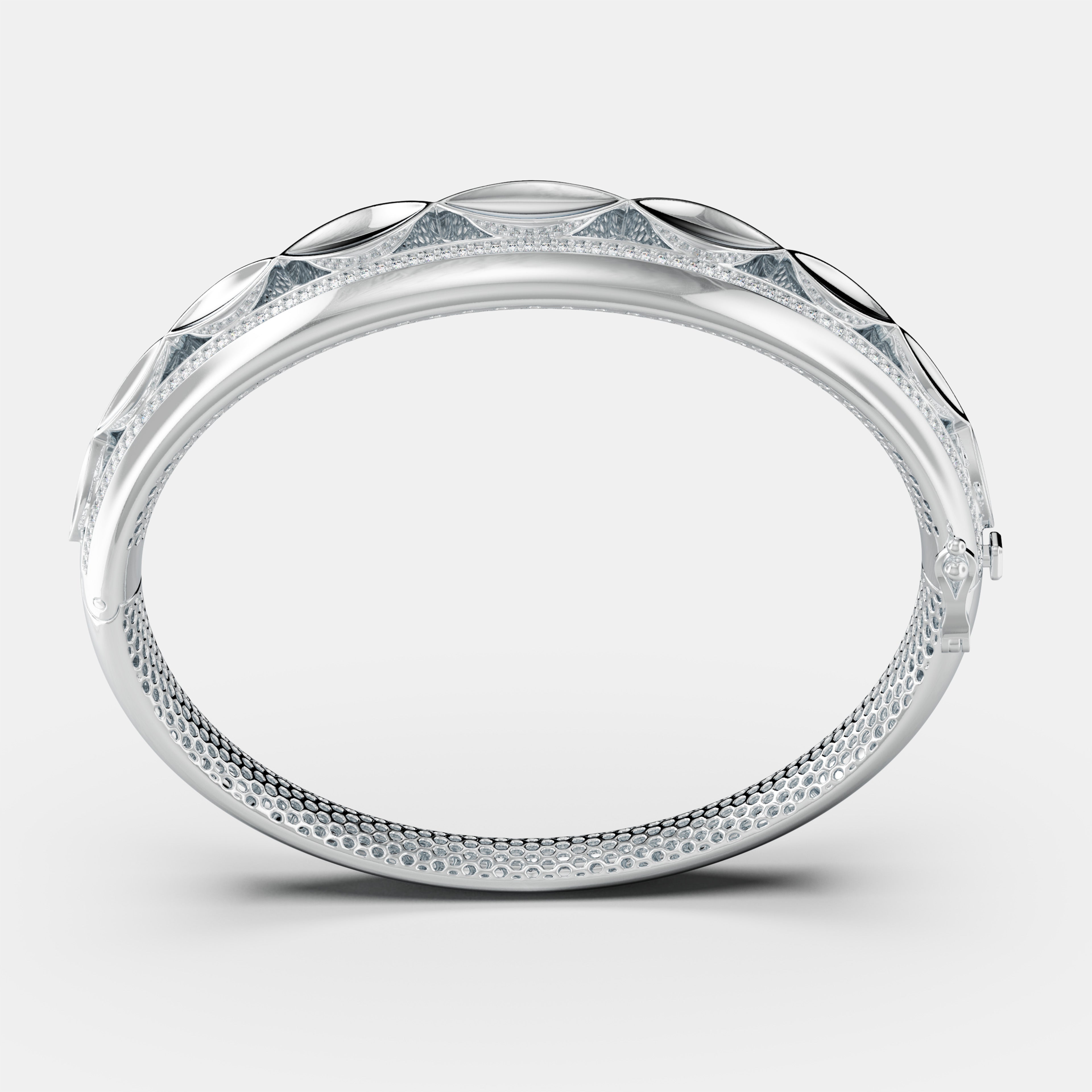 Marquise Floral Pattern Bangle 925 Sterling Silver Leaf Pattern Bangle – Elegant CZ Pave Bordered Hinged Bracelet