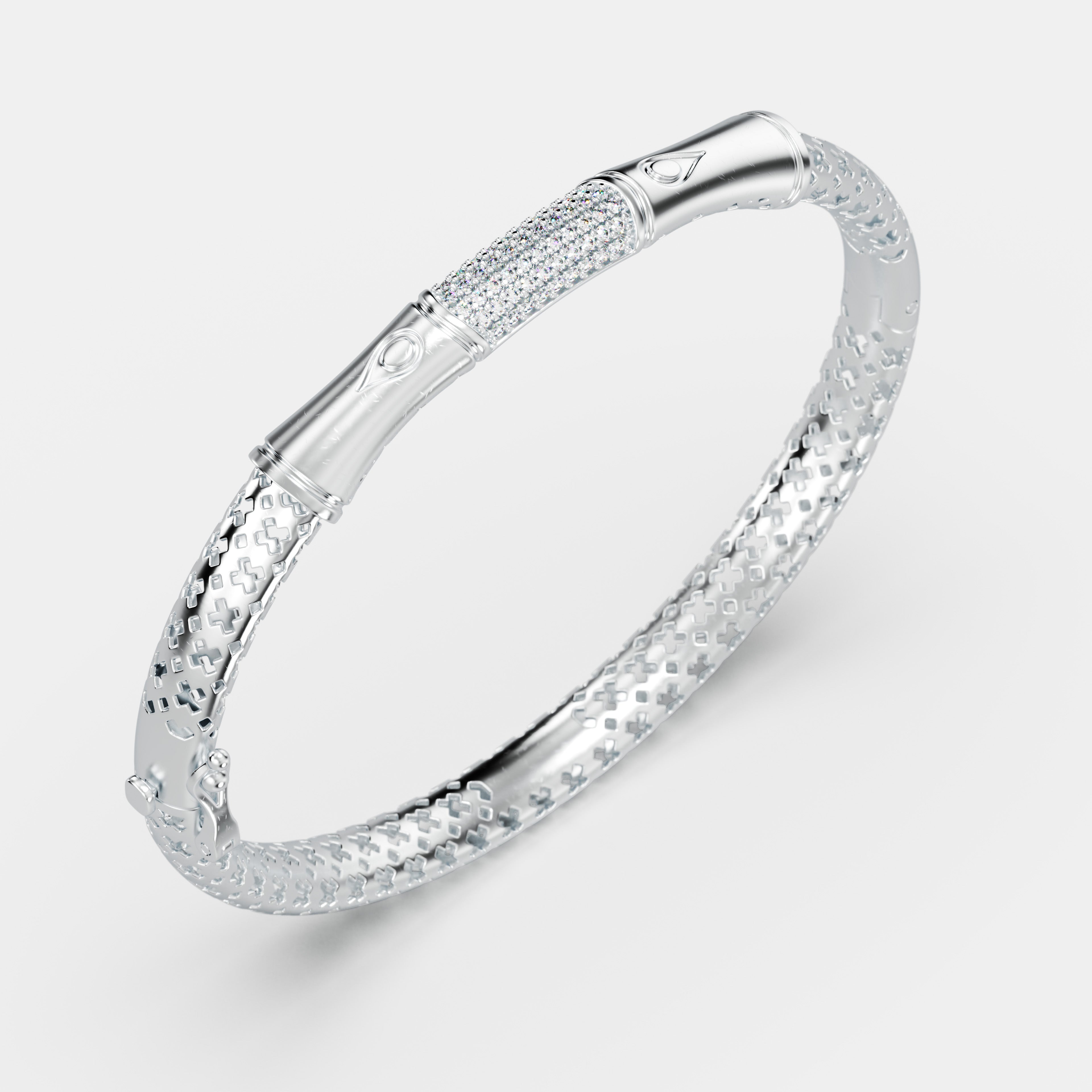 Filigree Patterned Sterling Silver Patterned Hinged Bangle – Sparkling CZ Accented Statement Bracelet