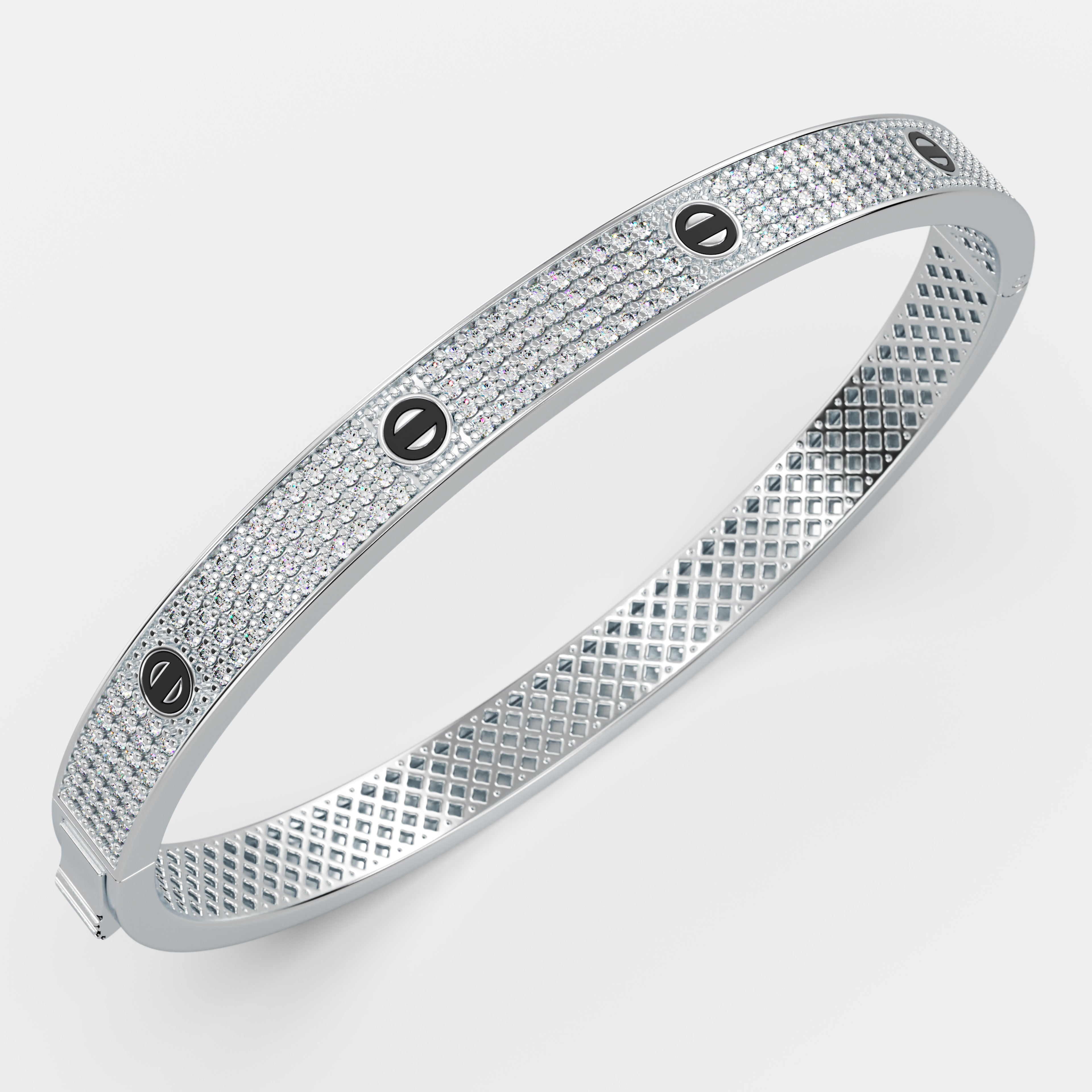 Make a bold luxurious statement with this stunning 925 Silver Radiant Pave Statement Bangle – Sparkling CZ Accented Screw Detail Bracelet