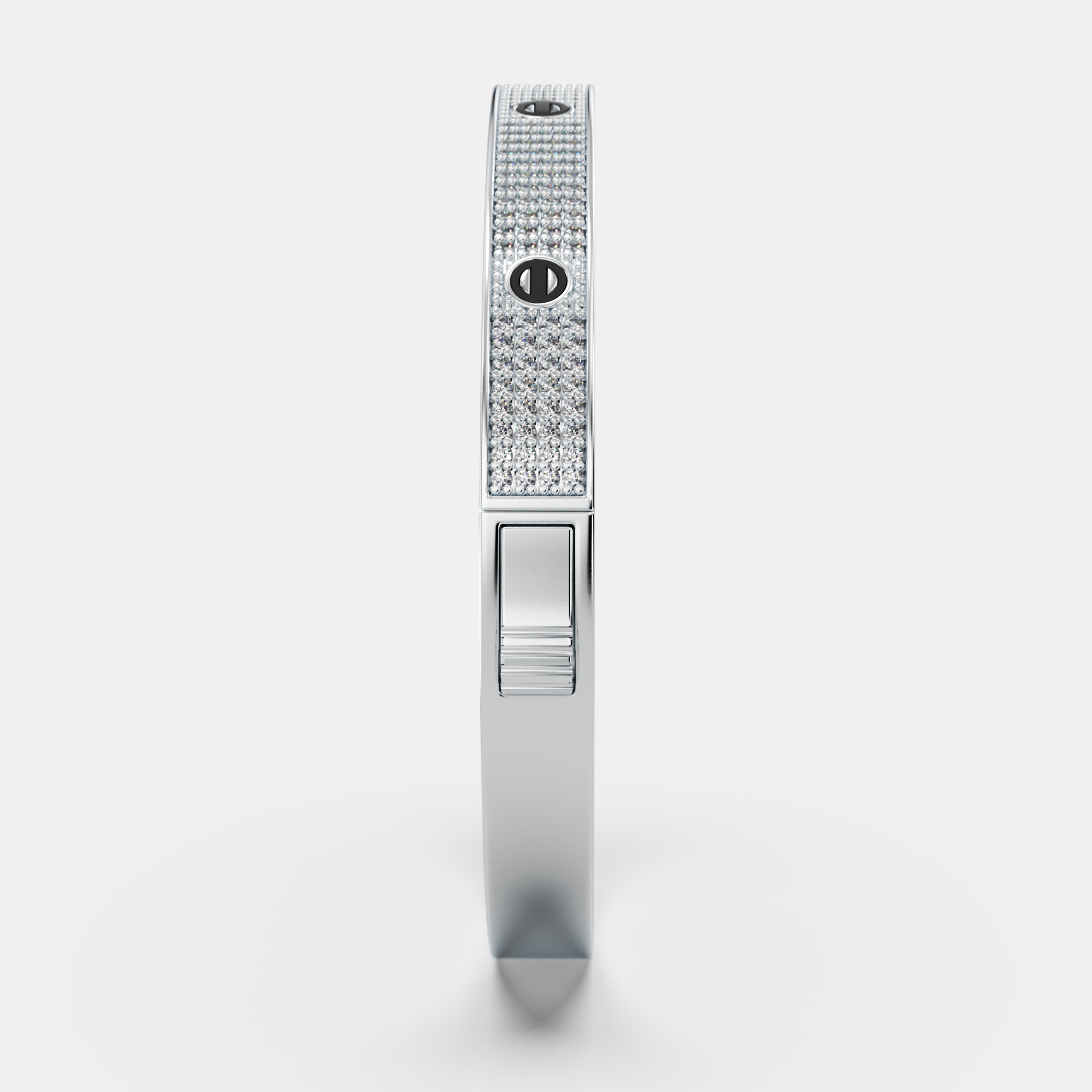 Make a bold luxurious statement with this stunning 925 Silver Radiant Pave Statement Bangle – Sparkling CZ Accented Screw Detail Bracelet