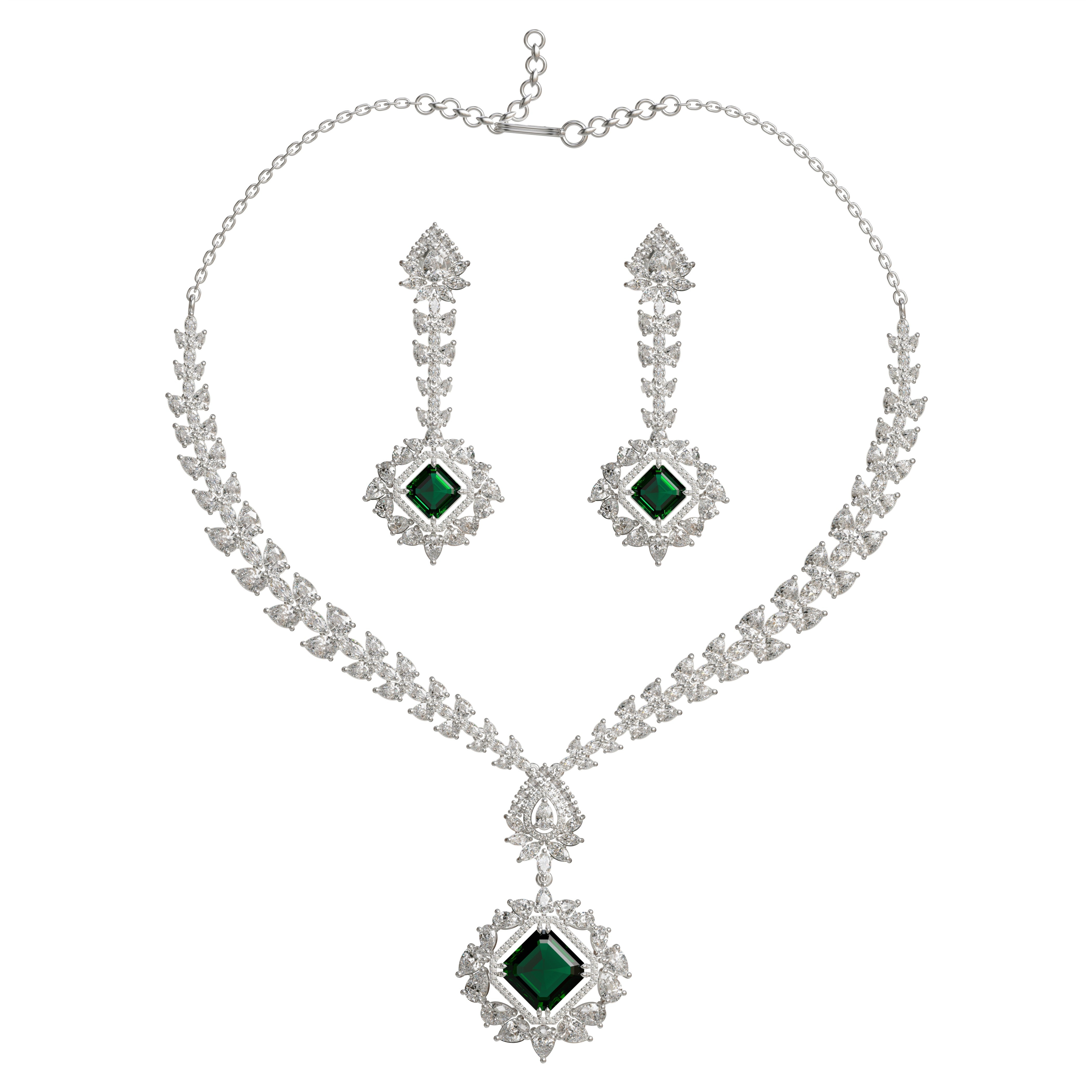 Buy Silver-Plated Emerald and white Cubic Zirconia Studded 925 silver Necklace Set Online Necklace And Earrings Jewellery Set for Women