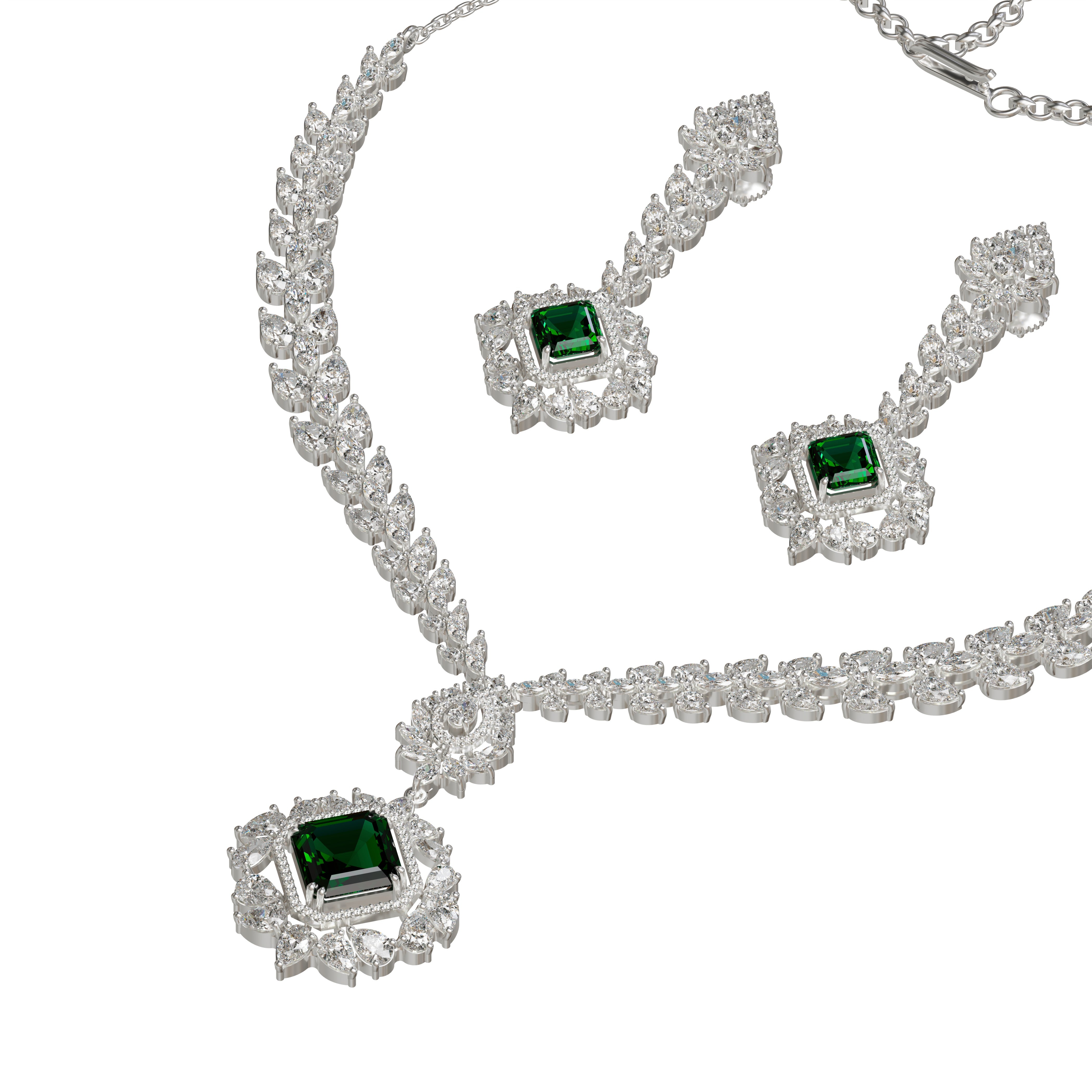 Buy Silver-Plated Emerald and white Cubic Zirconia Studded 925 silver Necklace Set Online Necklace And Earrings Jewellery Set for Women