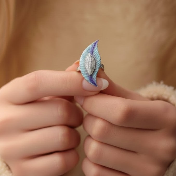 Peacock Plume CZ stone & Enamel 925 silver Cocktail Ring